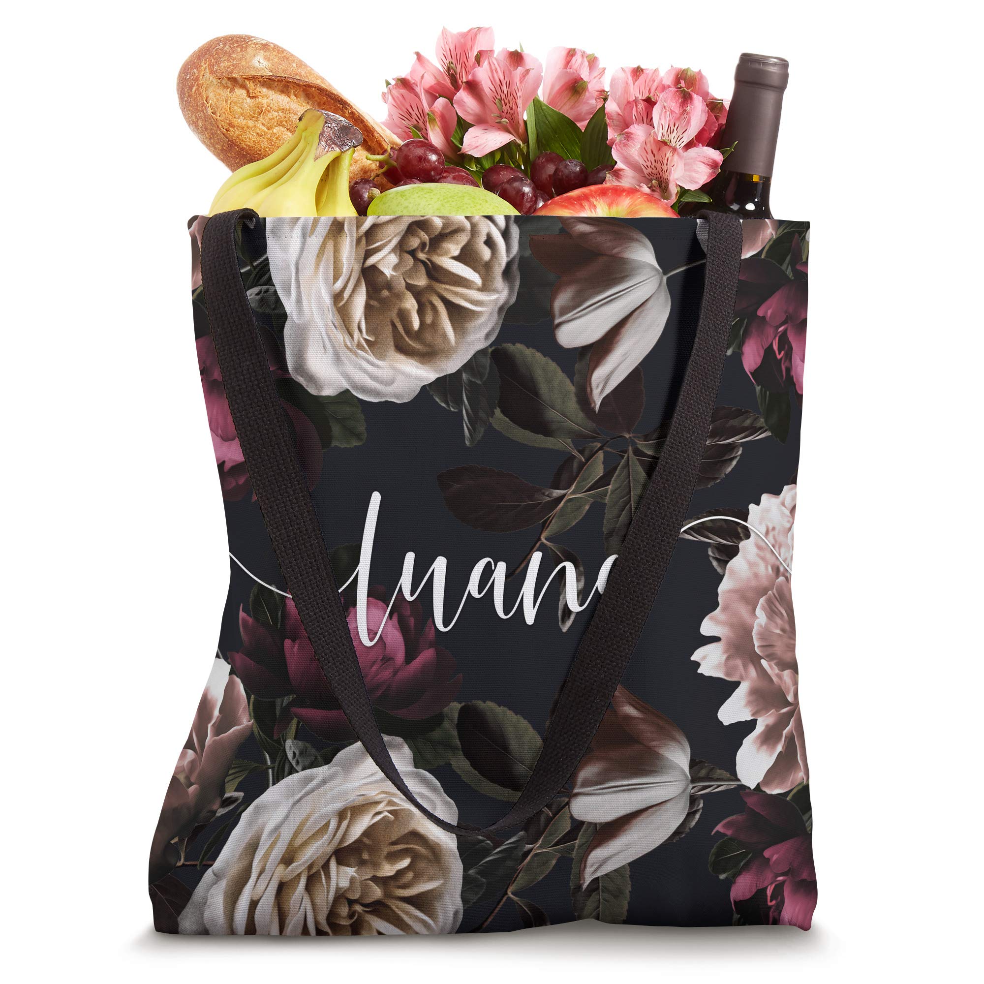 Luana - Elegant Floral Rose & Peony Personalized Name Tote Bag for Women | Customized Gift for Mom, Daughter, Birthday, Wedding | Perfect for Shopping, Beach & Work Commute