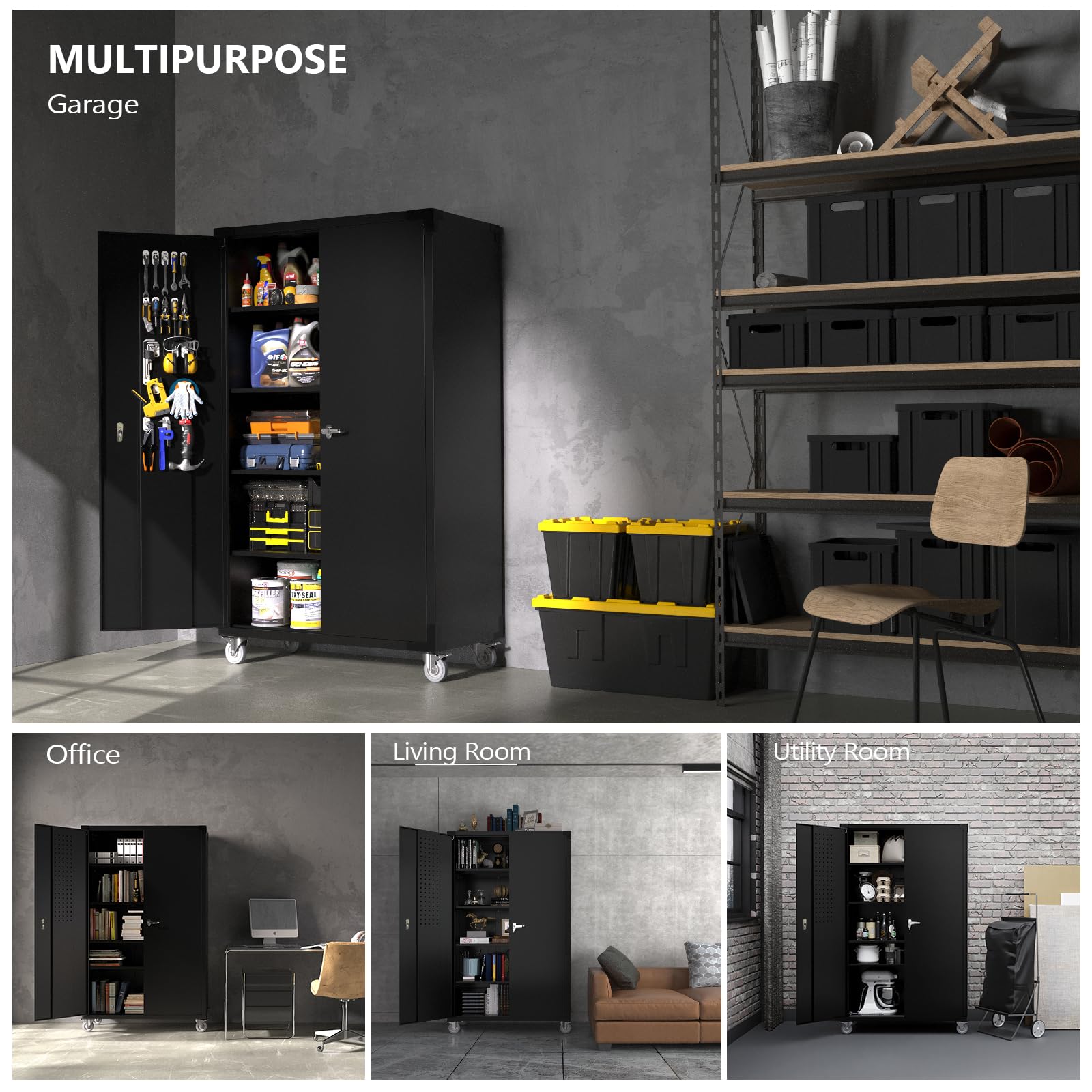 VINGLI Upgraded Wide & Deep Garage Storage Cabinet - Heavy Duty Metal Storage with Pegboards, Wheels, Locking Doors & Adjustable Shelves (Black, 43