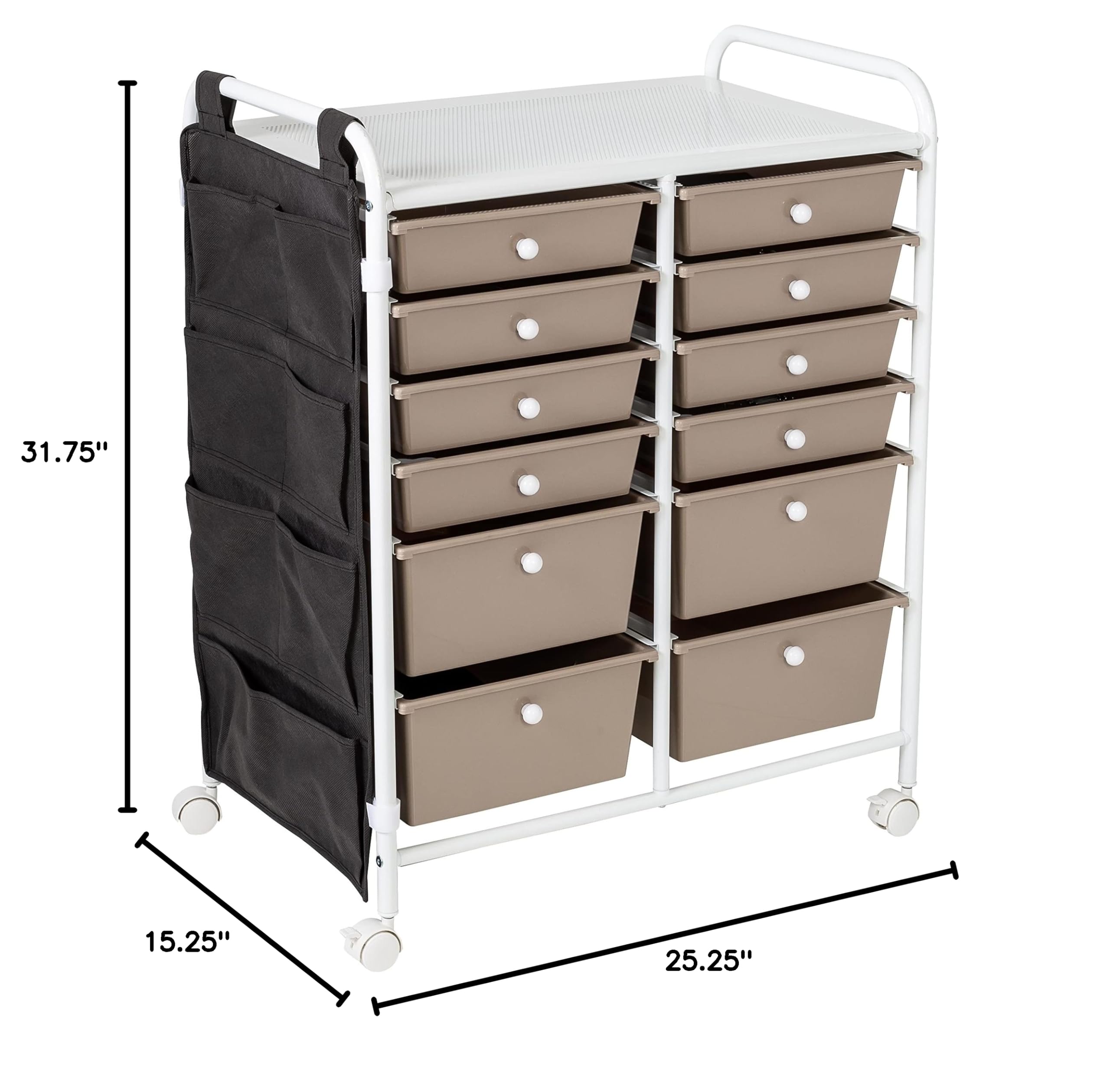 Honey-Can-Do 12-Drawer Metal Rolling Storage Cart with Side Pockets, White CRT-09104 - Perfect for Home Organization, Office Supplies, and Craft Room Storage