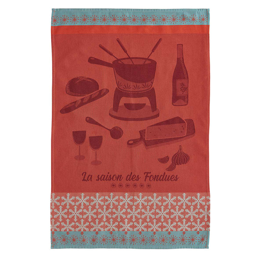 Premium French Jacquard Cotton Dish Towel by Coucke - Elegant Fondue Season (La Saison des Fondues) Design - Perfect for Kitchen Decor, Dinner Parties & Holiday Gifts