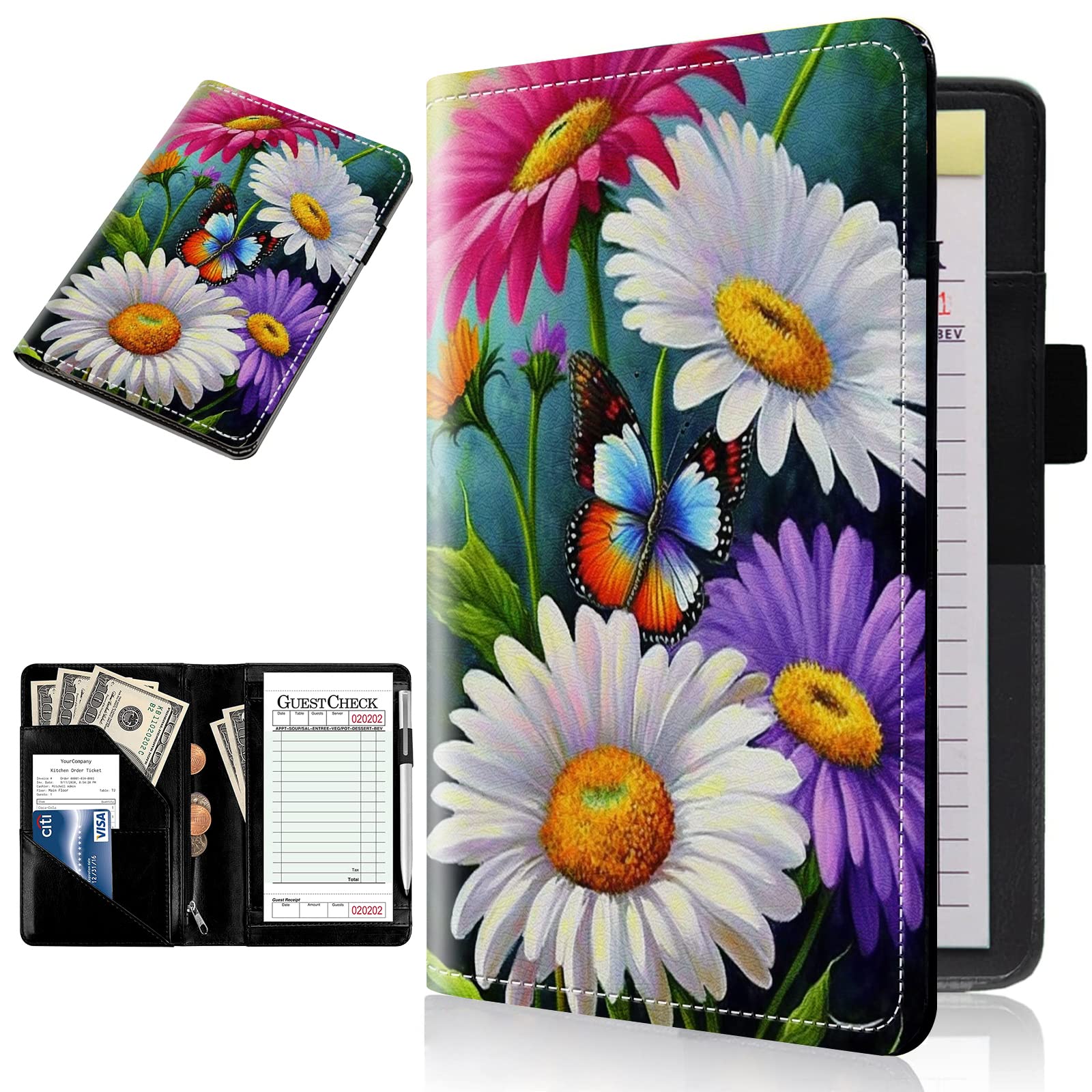 Leather Waitress Book with Zipper Money Pocket - Cute Butterfly Flower Design Server Book for Waitress - Guest Check Holder Fits Server Apron - Perfect for Restaurants, Cafes & Hospitality Professionals