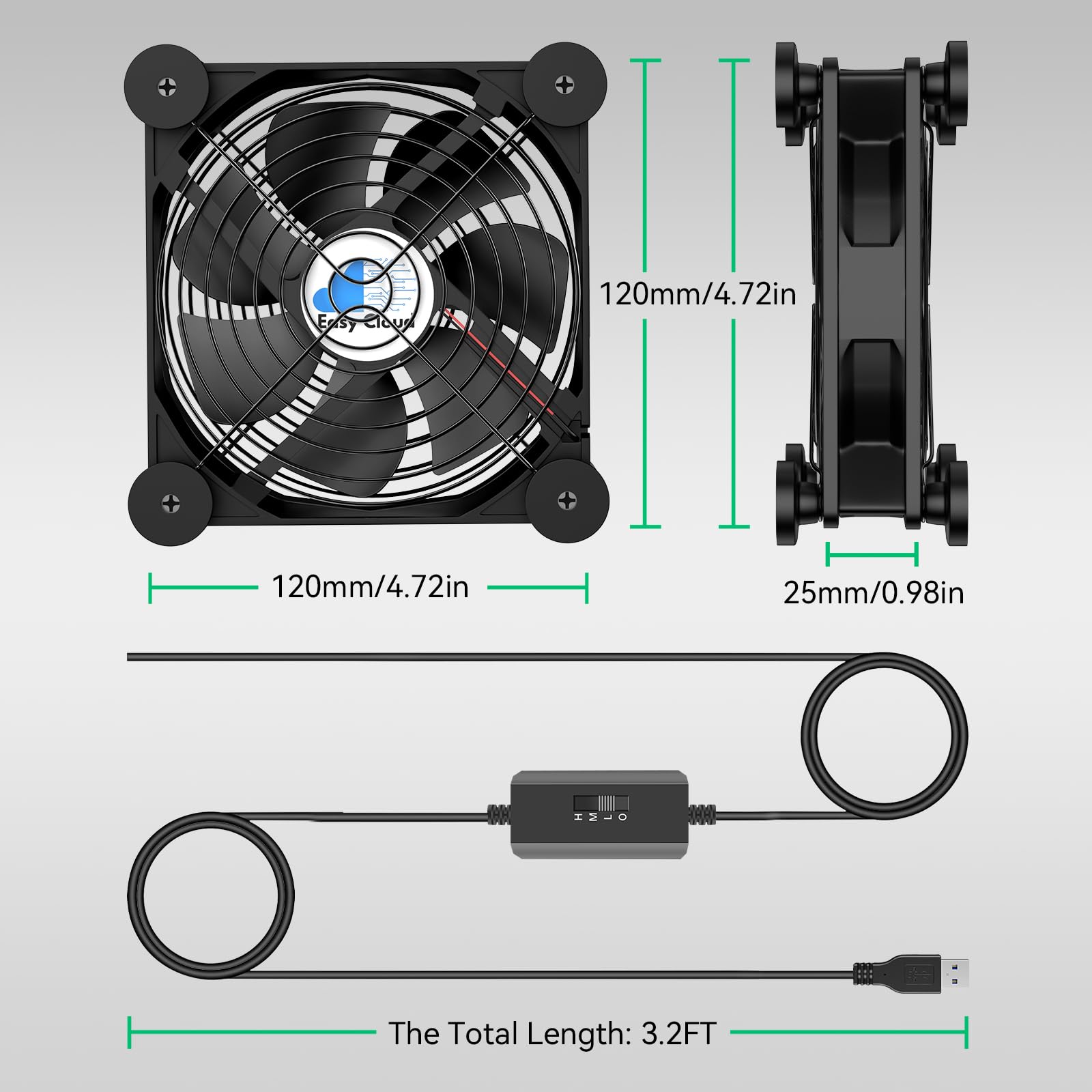 120mm USB Computer Fan with 3-Speed Controller - Quiet Cooling Fan for PC, Cabinet, Server, DVR, Router, Xbox & PlayStation - Perfect for Home Office, Gaming Setup & Electronics Cooling