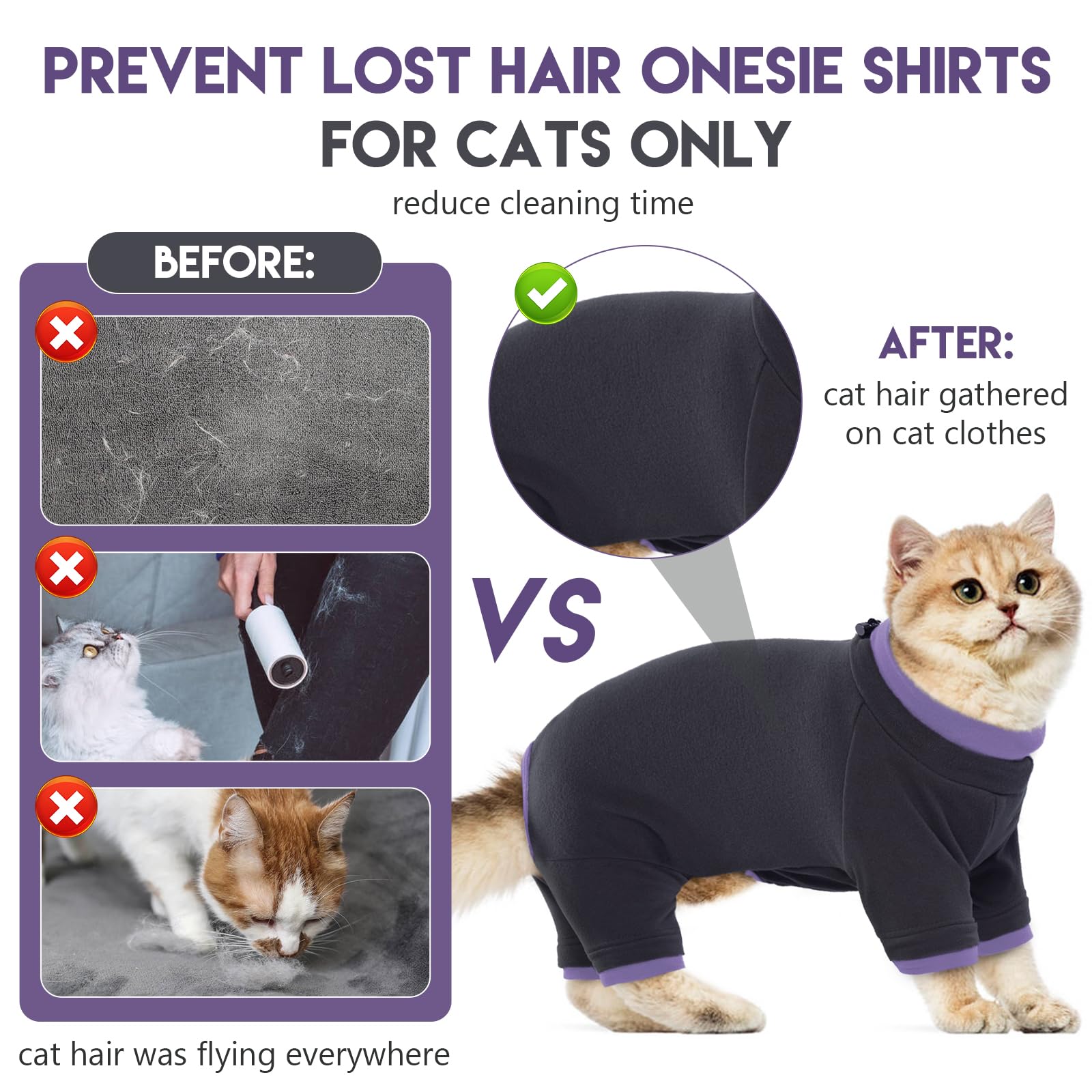 Cat Pajamas & Fleece Vest Set - Warm Turtleneck Jumper & Sticky Hair-Resistant Cat Clothes for Kittens - Recovery Suit for Cats & Small Dogs (Large, Black) - Perfect for Winter, Post-Surgery Care & Indoor Comfort