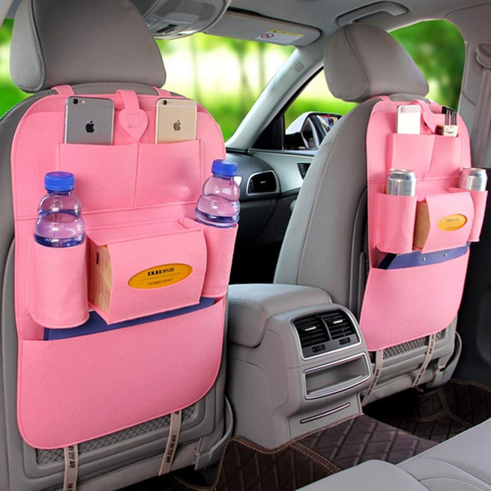 BININOX Car Backseat Organizer with Felt Pockets - Kickproof Seat Protector for Baby & Kids Travel - Toy & Bottle Storage Organizer (Pink) - Perfect for Road Trips & Family Car Rides