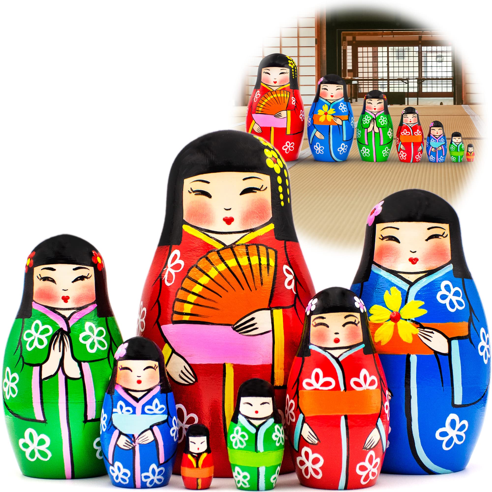 Japanese Nesting Dolls Set of 7 pcs - Hand-Painted Wooden Kokeshi Dolls in Traditional Kimono - Authentic Matryoshka, Geisha & Daruma Dolls - Unique Japanese Home Decor for Living Room, Office & Gift Giving