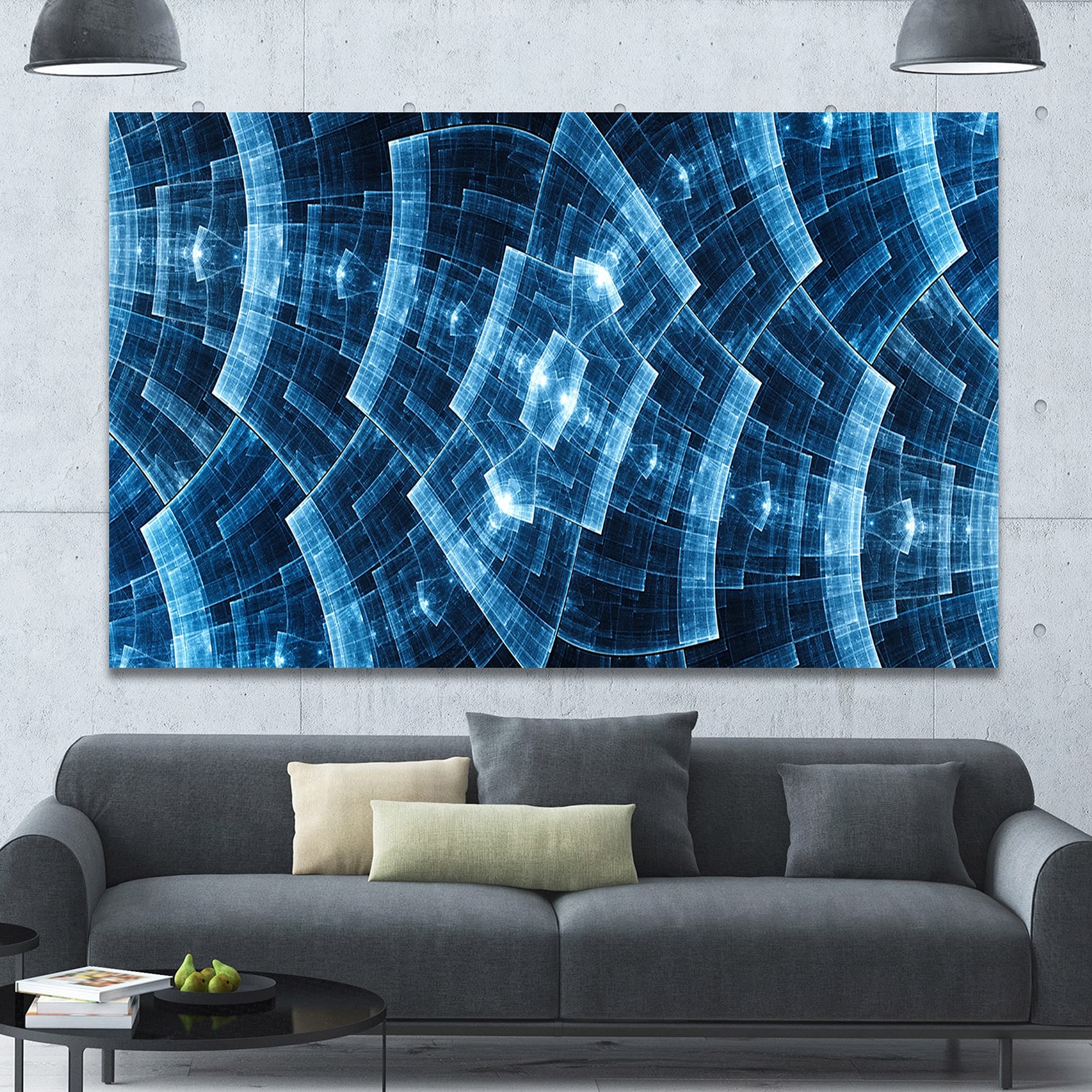 Blue Protective Metal Grids Abstract Wall Art Canvas Painting - 40x20 Inches Modern Home Decor for Living Room, Bedroom & Office | DESIGN ART Designart