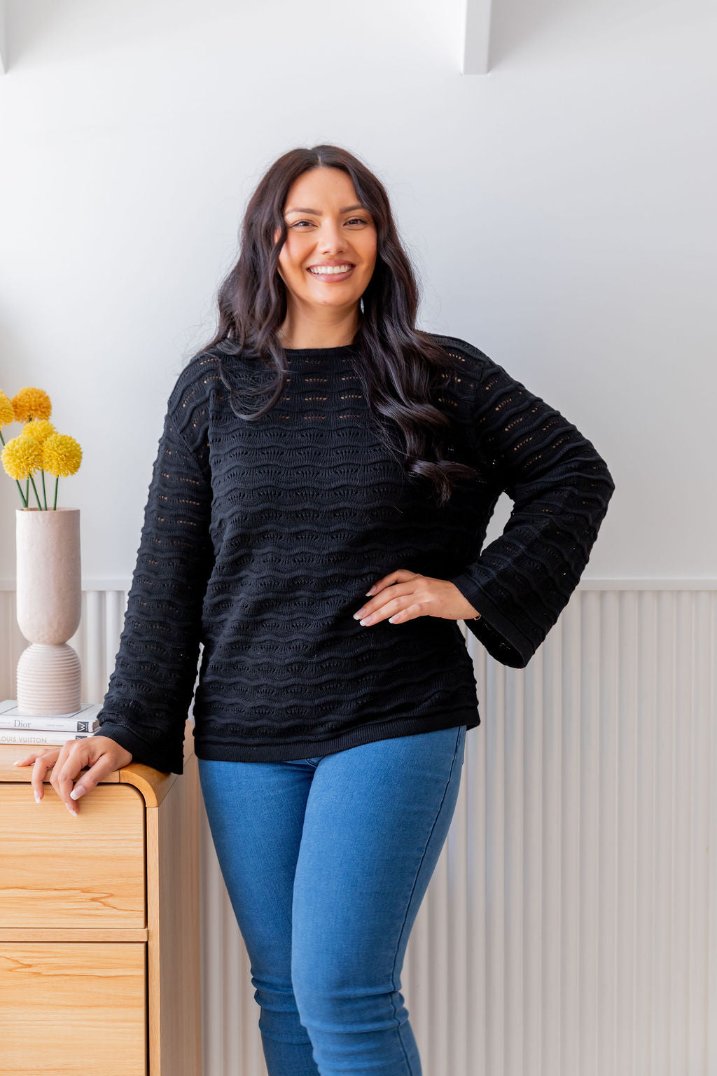 Black Waves Knit Sweater - Soft & Stylish Women's Pullover for Casual Wear & Layering