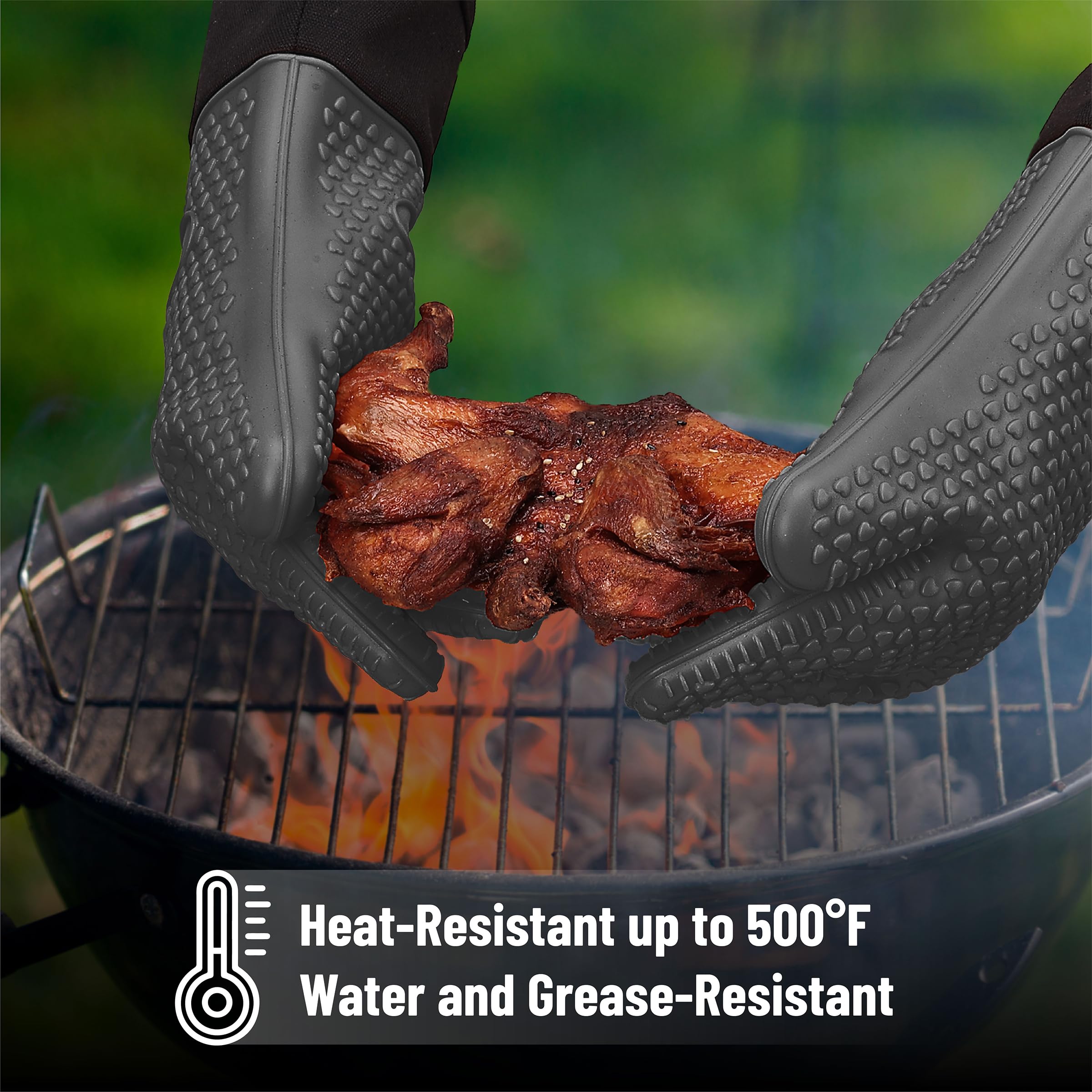 Heat Resistant BBQ Grill Gloves - Grey Silicone Oven Mitts for Grilling, Cooking & Baking - Perfect for Outdoor BBQ, Camping & Kitchen Use