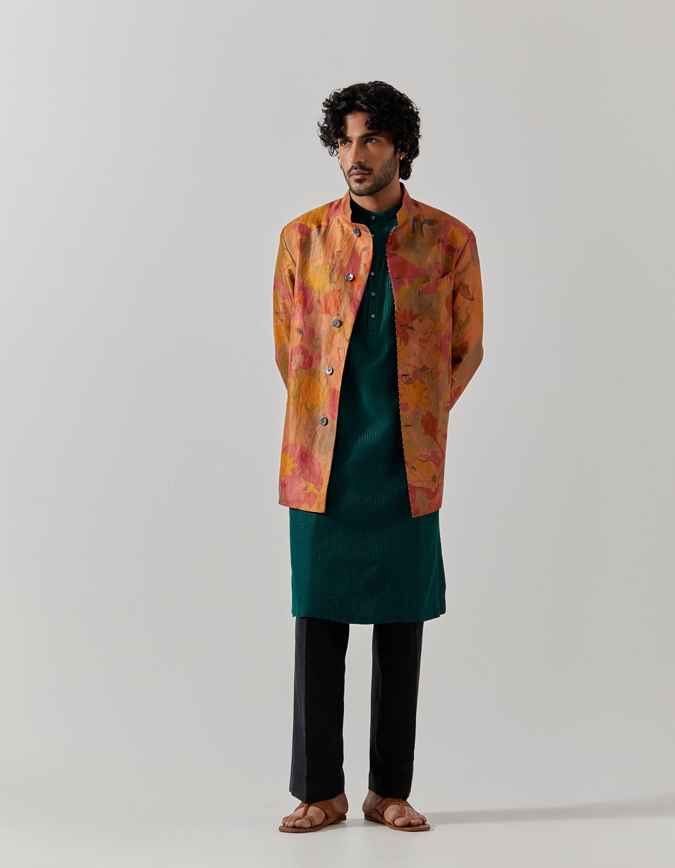 Luxury Bandhgala Silk Brocade Jacket with Gold Vineyard Embroidery - Perfect for Weddings, Festivals & Special Occasions