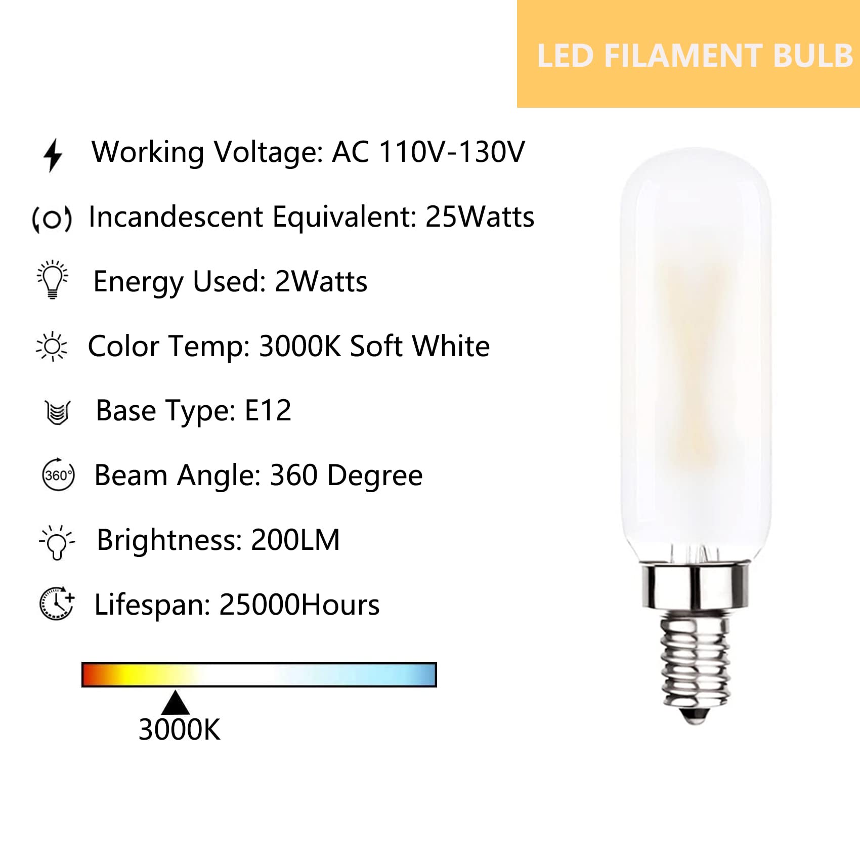 Dimmable T6 LED Bulb 25W Equivalent, E12 Candelabra Base, Soft White 3000K, T25 Mini Tubular Frosted Glass Filament - 12 Pack for Chandeliers, Ceiling Fans, and Vintage Lighting Fixtures