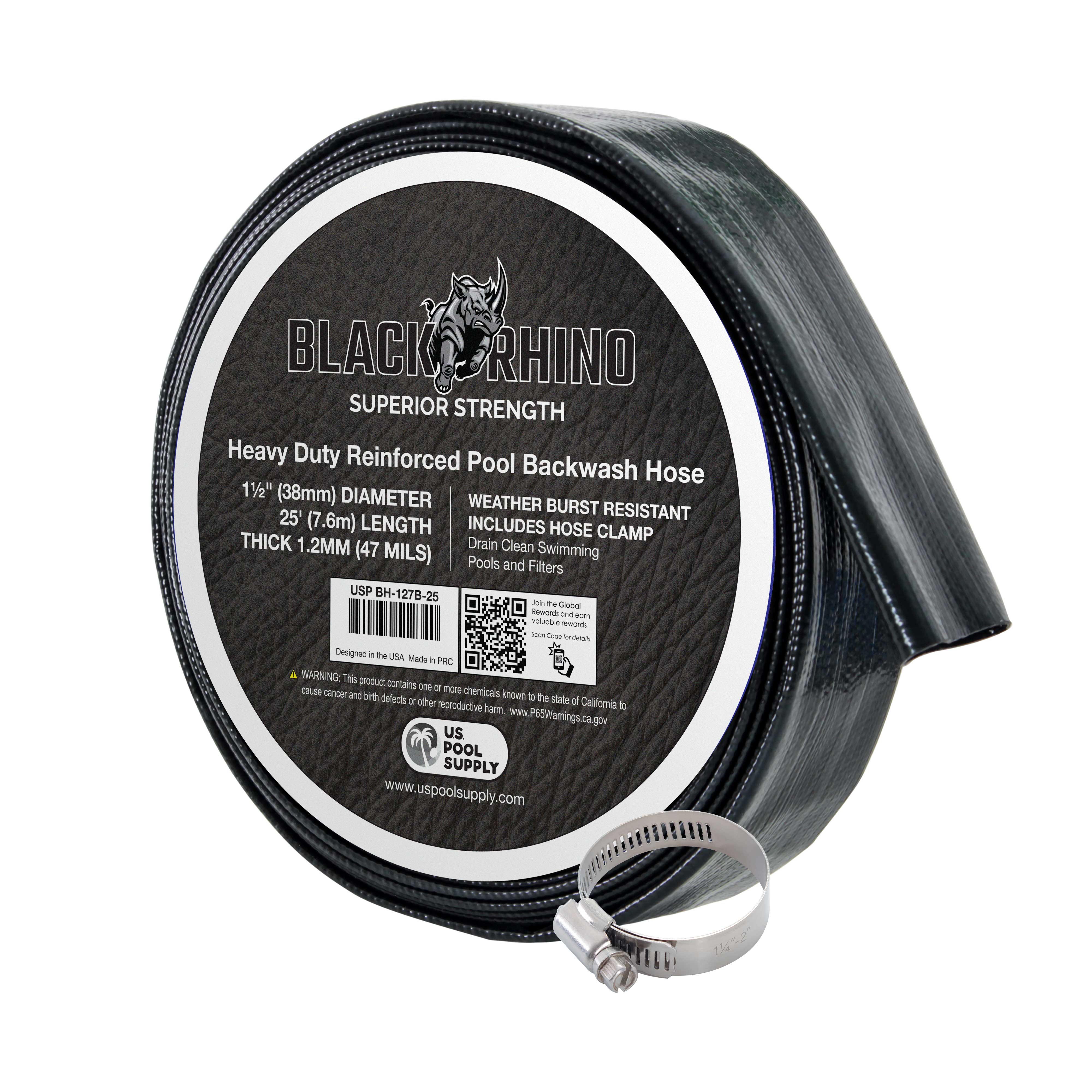 Black Rhino 1 1/2 x 25' Heavy Duty Pool Backwash Hose with Hose Clamp - 1.2mm Thick 47mils Burst Resistant for Inground & Above Ground Pools - Perfect for Pool Maintenance, Cleaning, and Water Drainage