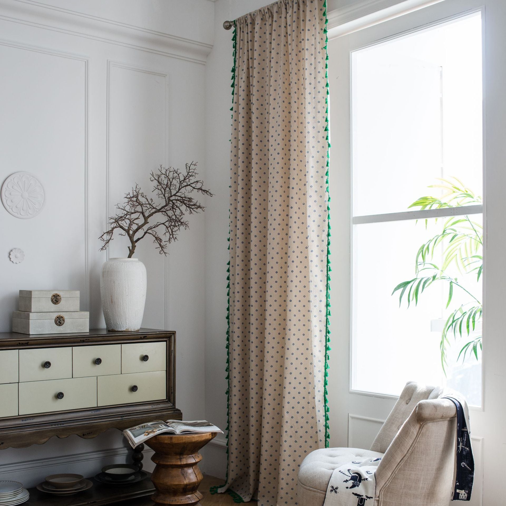 Azaria Ivory Boho Light Filtering Custom Curtains for Living Room & Bedroom - Elegant Sheer Window Drapes with Floral Embroidery, Blackout Linen Panels for Home Decor