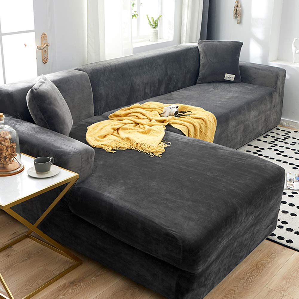 L-Shaped Plush Sectional Sofa Cover - Solid Color Furniture Protector for Pets & Leather Couches (Gray, Fits 3-Seat Sofas 190-230cm) - Perfect for Living Room, Family Room & Pet-Friendly Homes