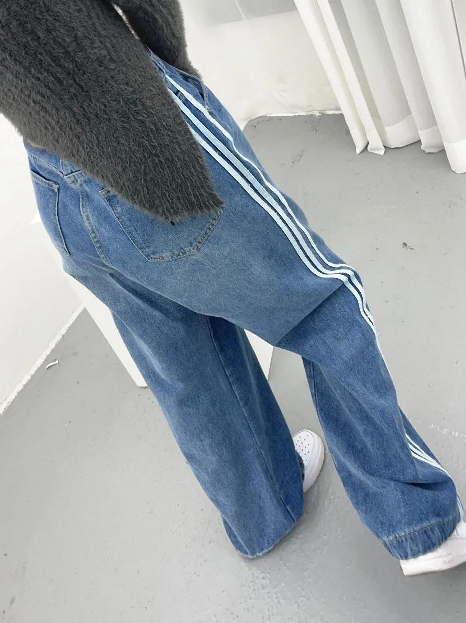 Y2K Washed Blue Stripe Baggy Jeans for Women - High Waisted Wide Leg Denim Pants, Goth Streetwear Fashion | Perfect for Casual Outfits, Parties & Retro Style