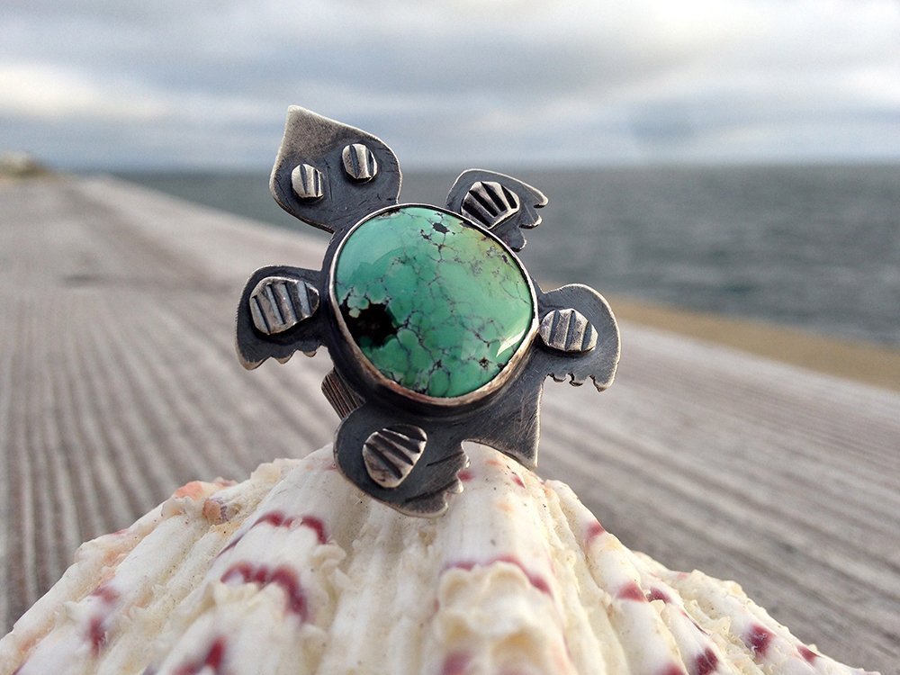 Handmade Turquoise Turtle Ring - Adjustable Sterling Silver Jewelry for Women - Perfect for Boho Fashion, Beach Vacations & Everyday Wear