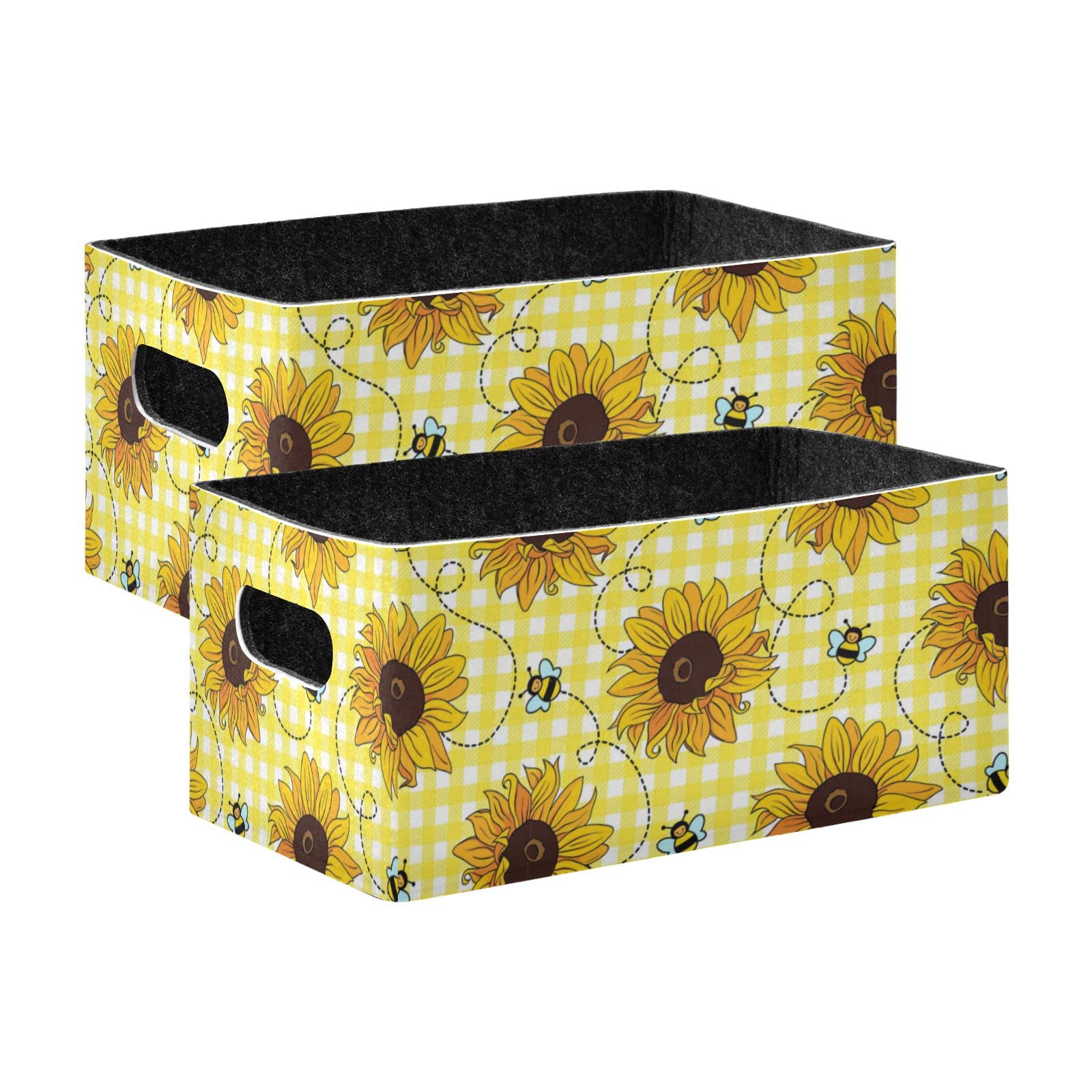 Sunflower Folding Felt Storage Basket Set of 2 - Yellow Collapsible Storage Box with Bee Design for Clothes, Toys & Home Organization - Perfect for Nursery, Closet & Shelves (Home Decor & Storage Solution)