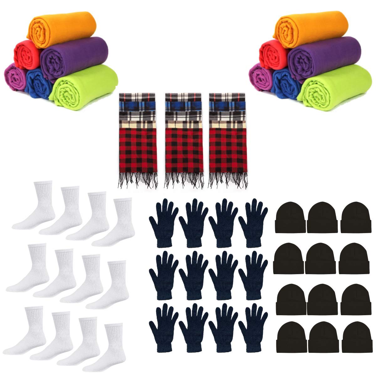 60 Piece Homeless Care Kit - Bulk Winter Essentials: Gloves, Socks, Fleece Blankets, Beanies & Scarves for Homeless Shelters & Outdoor Survival Gear
