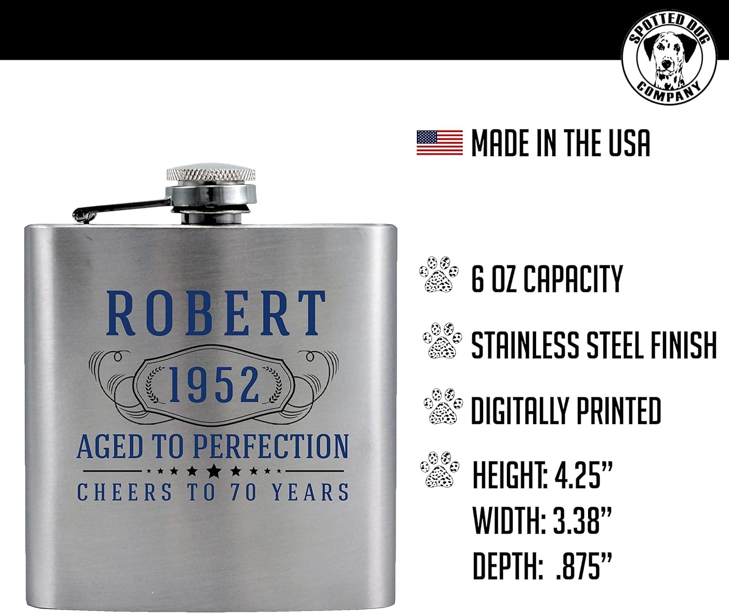 Personalized 6oz Stainless Steel Flask with Custom Name Print - Engraved Metal Hip Pocket Whiskey Flask for Men & Women - Ideal for Birthday, Groomsmen Gifts, Bourbon & Liquor Lovers - Perfect for Outdoor Adventures, Camping, Parties & Special Occasions