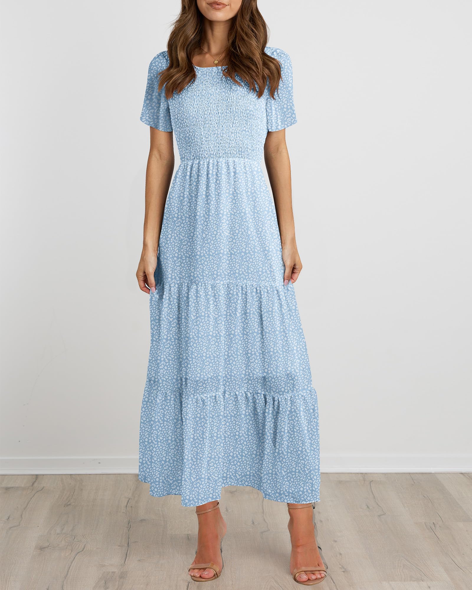 BTFBM Women's Bohemian Floral Print Short Sleeve Maxi Dress - Casual Summer Tiered Cocktail Dress with Crew Neck & Flowy Design | Perfect for Beach Vacations, Music Festivals, and Date Nights