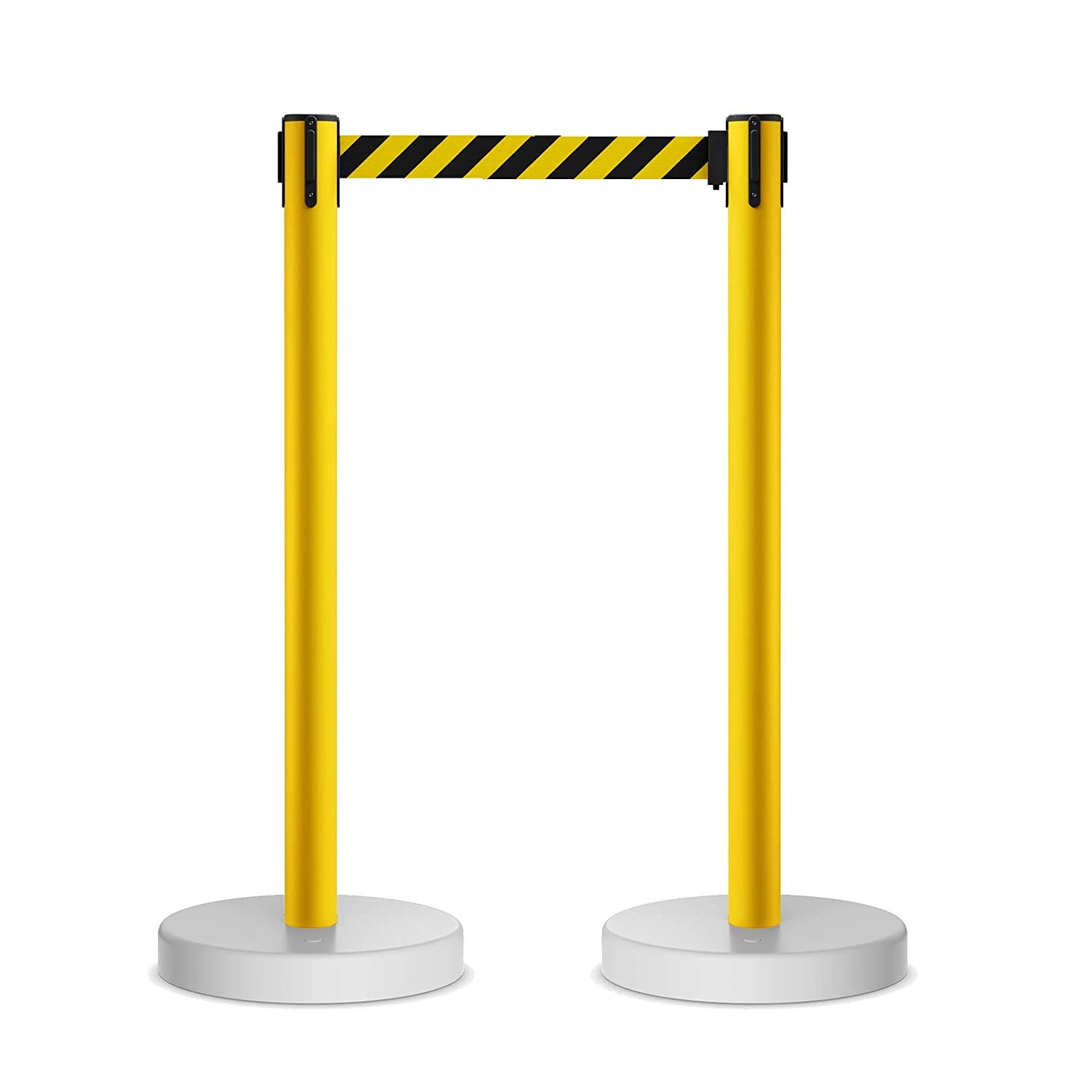 CCW Set of 2 Retractable Belt Barrier Stanchions with Water Fillable Base - 11 Foot Black/Yellow Belt & Yellow PVC Plastic Posts for Crowd Control in Warehouses, Events & Retail Stores