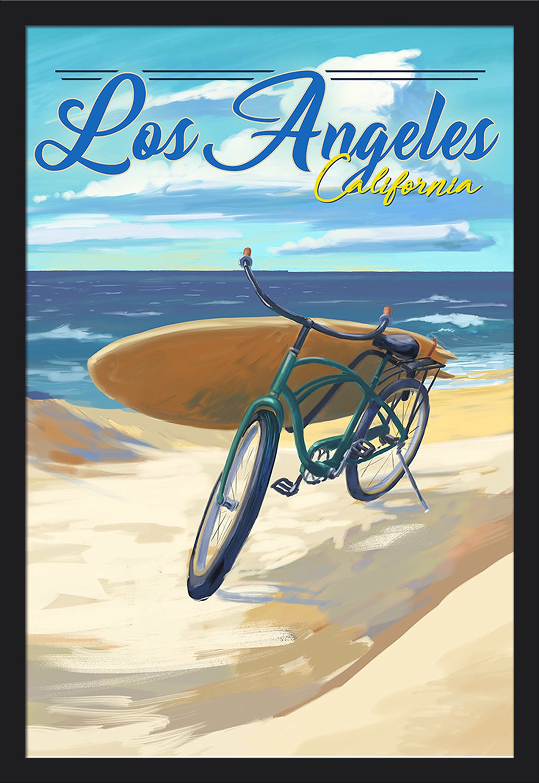 California Beach Cruiser and Surfboard Art Print - 24x36 Giclee Gallery Framed in Black Wood - Perfect for Coastal Home Decor & Beach House Wall Art