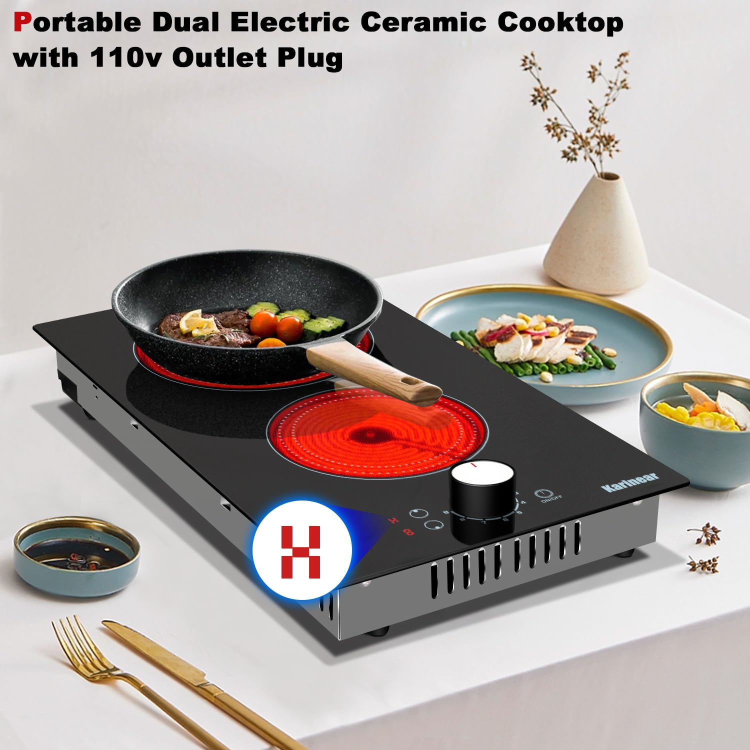 Karinear 2 Burner Electric Cooktop 110V - 12 Inch Portable Induction Stove with Knob Control & Outlet Plug - Countertop or Drop-in Radiant Cooktop with 9 Power Levels - Perfect for Small Kitchens, RVs, Dorms & Home Cooking