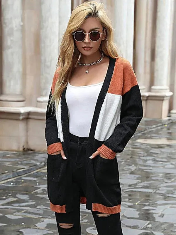 Stylish Patchwork Color Block Sweater Cardigan for Women - Cozy Knit Open Front Long Sleeve Pullover - Perfect for Fall Fashion, Casual Outings & Layered Winter Looks