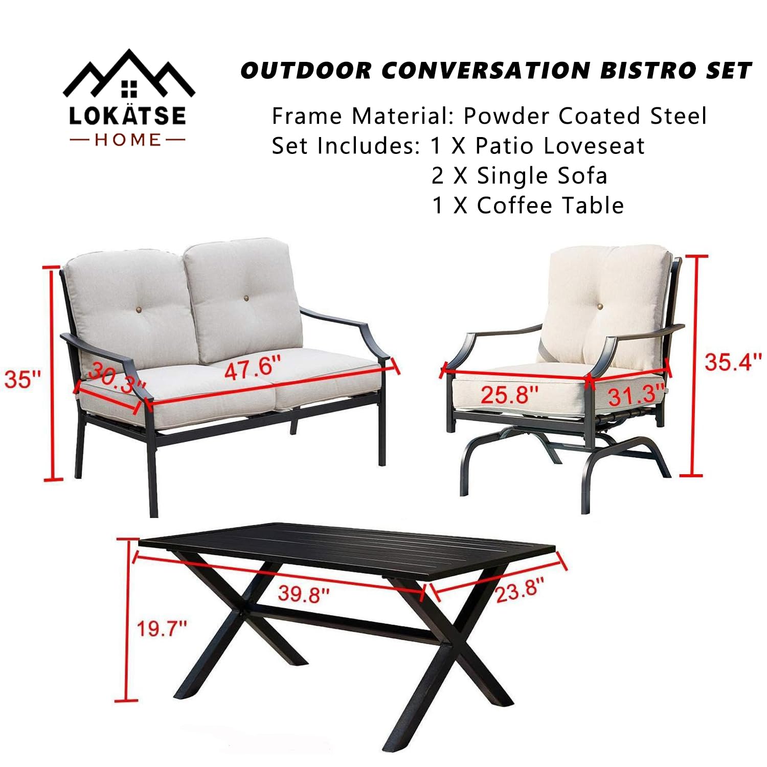 LOKATSE HOME 4-Piece Outdoor Patio Furniture Set - Beige Loveseat, 2 Single Sofas & Coffee Table for Backyard, Garden, Poolside, Balcony | Durable Weather-Resistant Conversation Set for Relaxing & Entertaining