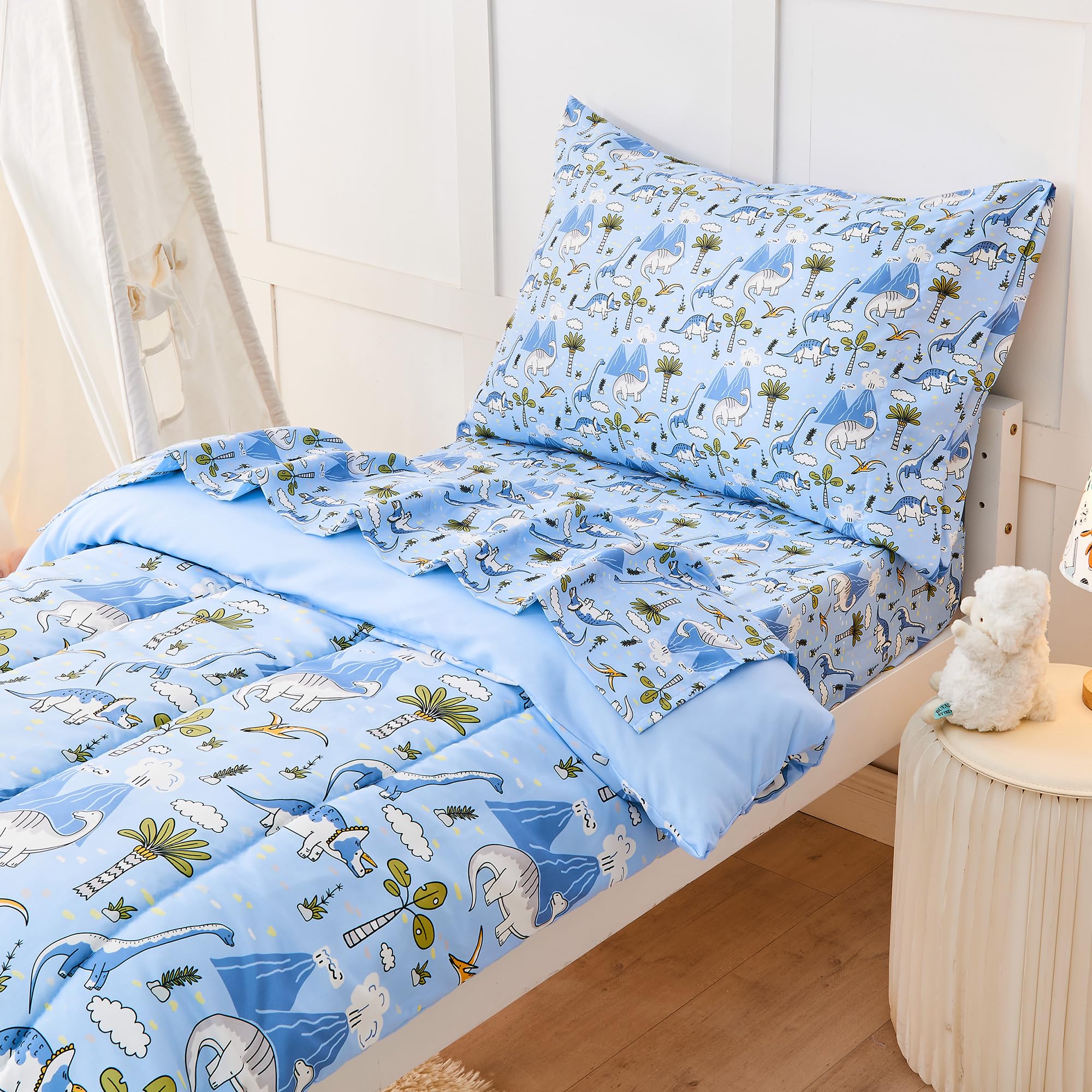 Dinosaur Toddler Bedding Set 4-Piece - Super Soft Microfiber Comforter for Boys & Kids | Bed-in-a-Bag Nursery Decor | Perfect for Dinosaur Themed Bedrooms & Playrooms