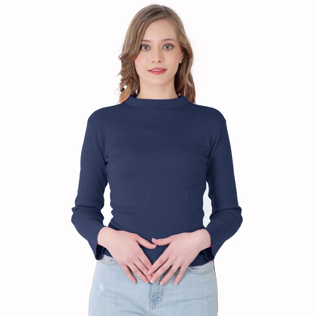 RZLECORT Women's Ribbed Polo Neck Long Sleeve T-Shirt - Casual Workwear & Everyday Comfort Stretch Knit Top for Office, Outings & Layering