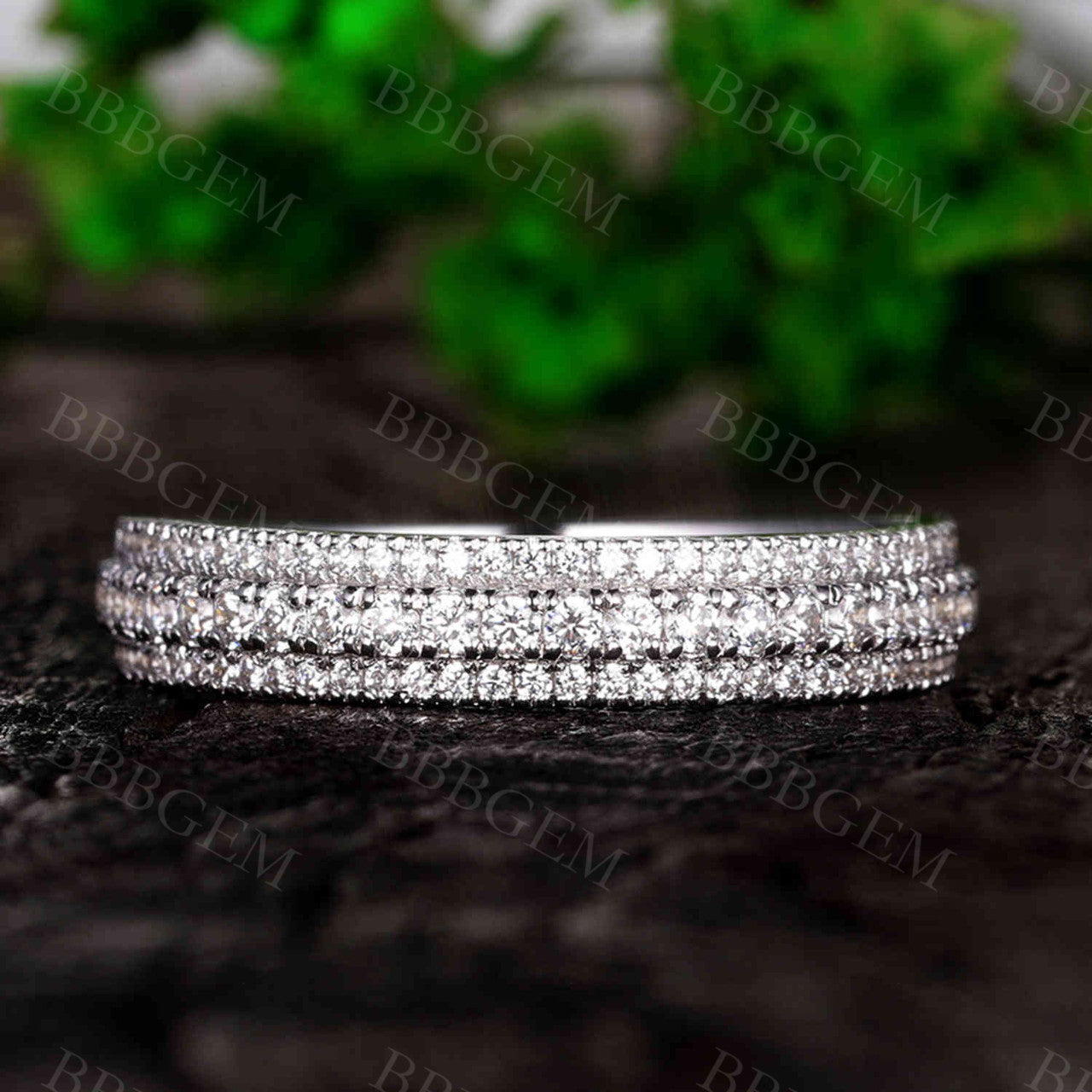 Solid White Gold Moissanite Wedding Band for Women - 3 Row Moissanite Engagement Ring | Perfect for Bridal Jewelry, Anniversary Gifts & Special Occasions