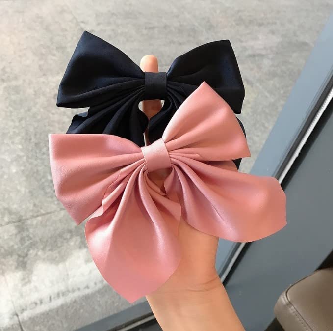 Xcilos Large Satin Hair Bows for Girls & Women - 3 Pack Silk-Style French Bow Hair Clips with Long Tail - Elegant Hair Barrettes & Ribbon Bows for Parties, Weddings & Daily Fashion Accessories (Random Colors)