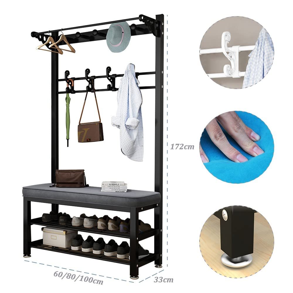 4-in-1 Metal Coat Rack with Shoe Bench - 15 Hooks & 2-Tier Shoe Storage | Entryway Organizer for Jackets, Hats & Shoes | Space-Saving Solution for Hallway, Bedroom & Closet Organization