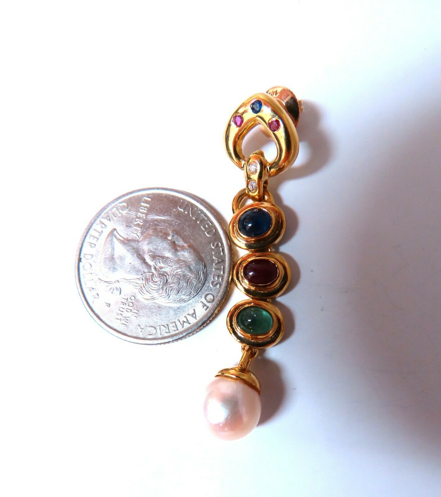3ct Natural Ruby, Emerald, Sapphire & Pearl Dangle Earrings in 14K Gold - Elegant Jewelry for Weddings, Parties & Special Occasions