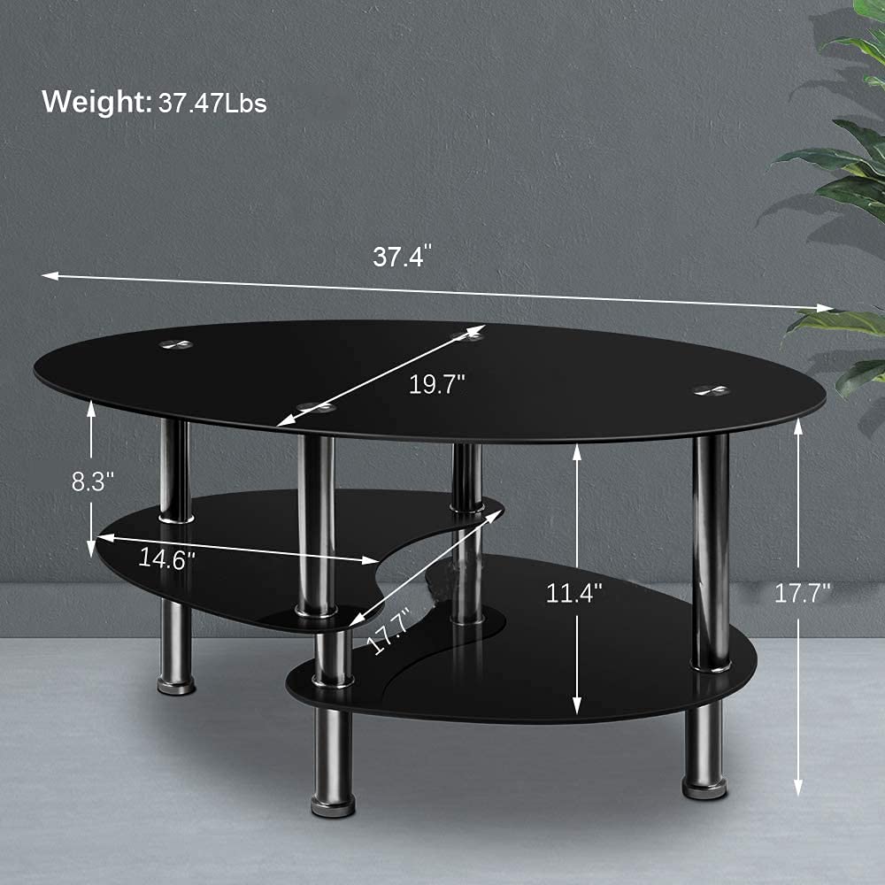 Modern Oval Glass Coffee Table - 2 Tier Black End Table with Tempered Glass & Chrome Stainless Steel Legs for Living Room, Office, Lounge | Durable & Stylish Home Decor Furniture