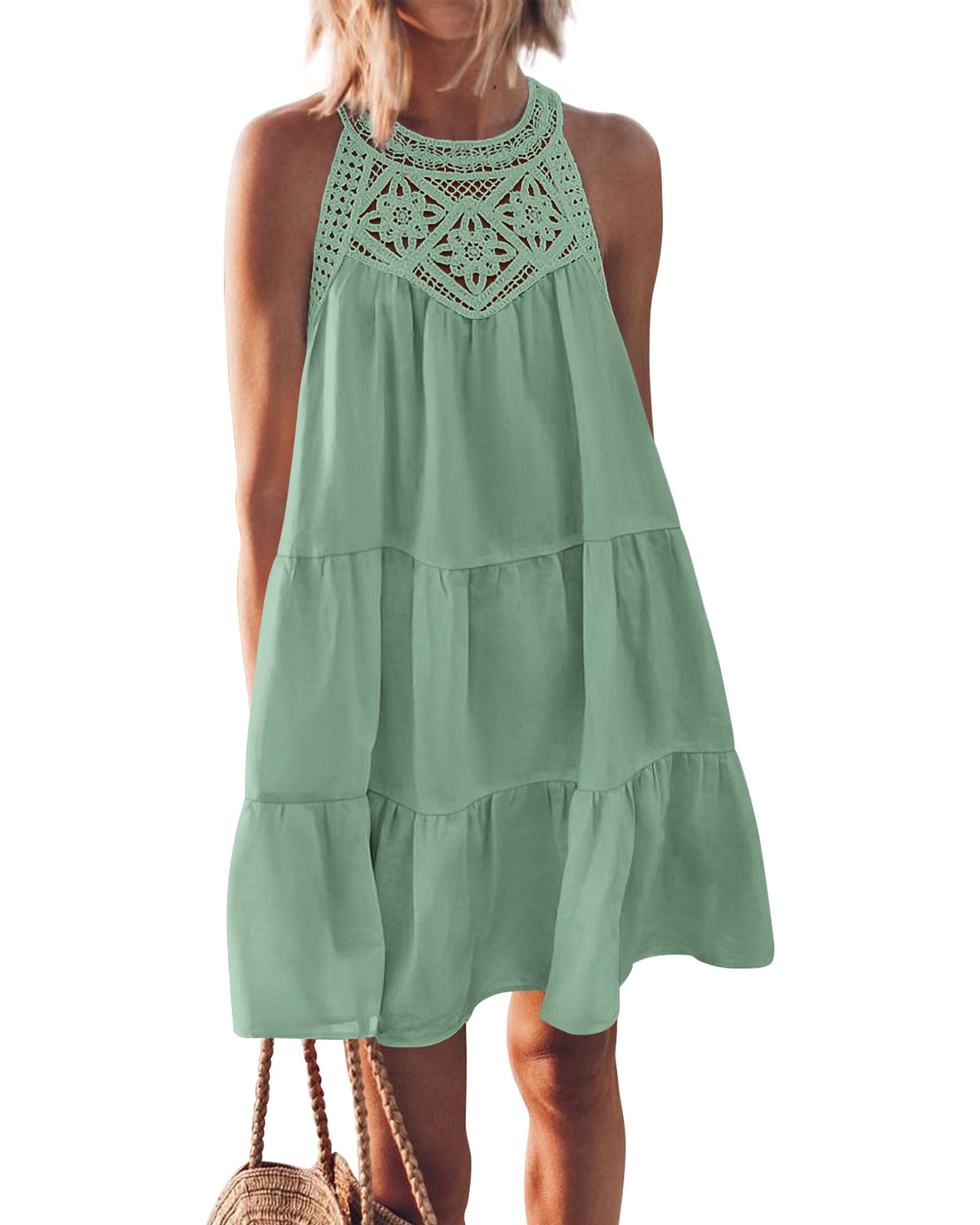 BTFBM Women's Summer Halter Dress 2025 - Casual Sleeveless A-Line Tiered Mini Sundress for Beach, Vacation & Spring Outings | Lightweight Swing Dress for Pool Party, Travel & Date Night