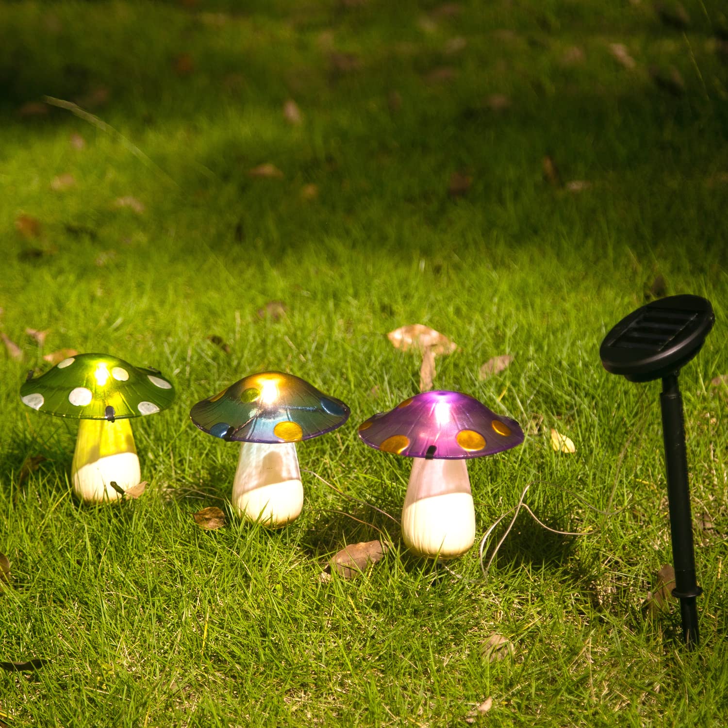 Adeco Solar Garden Lights Outdoor Set of 3 - Waterproof Mini Mushroom Solar String Lights with Thickened Glass for Garden, Backyard, Lawn, Pathway & Party Decor | Perfect for Patio, Walkway & Landscape Lighting at Night