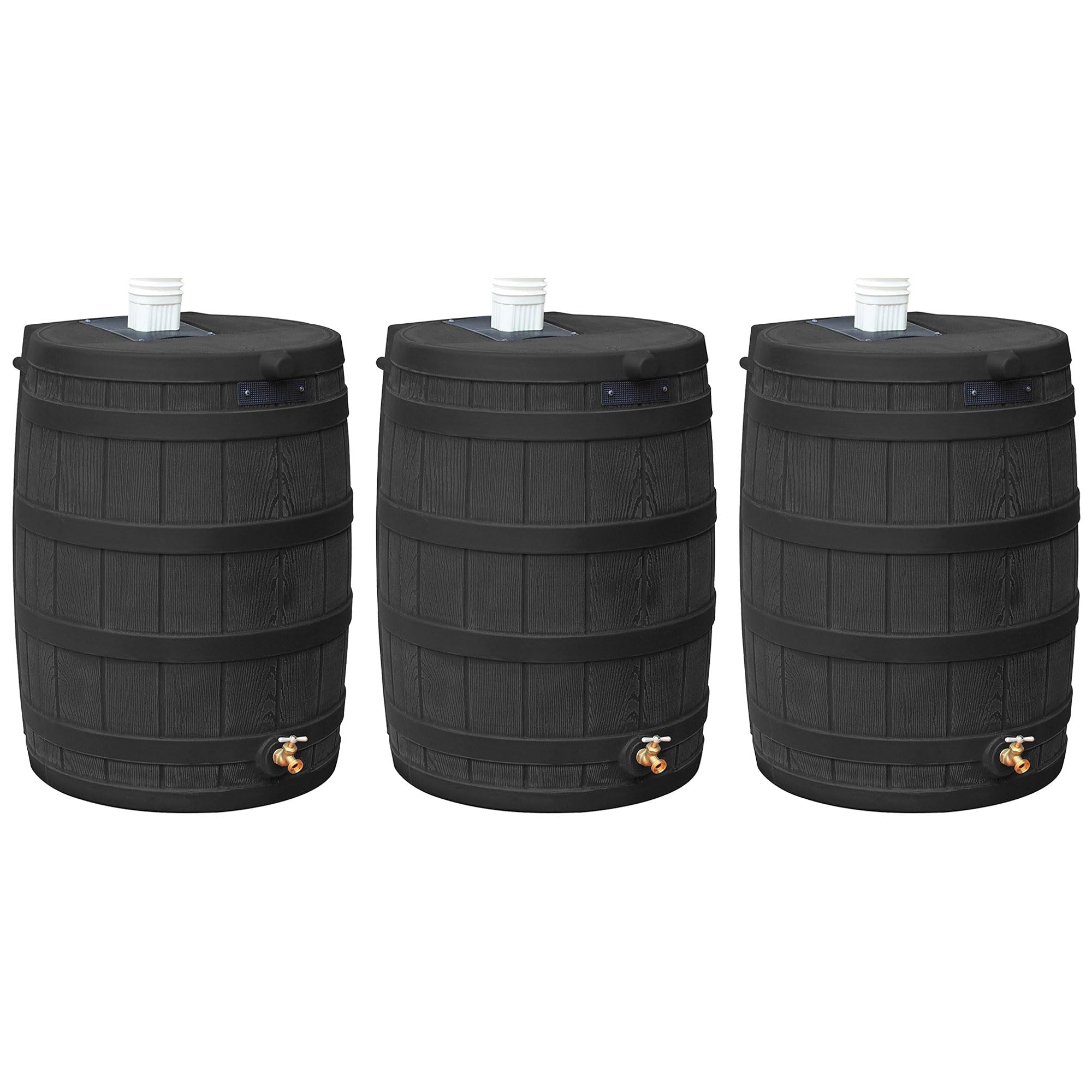 50 Gallon Plastic Rain Barrel - Outdoor Water Storage Collector with Brass Spigot & Flat Back Design (3 Pack, Black) | Perfect for Garden Irrigation, Lawn Watering & Eco-Friendly Home Water Conservation