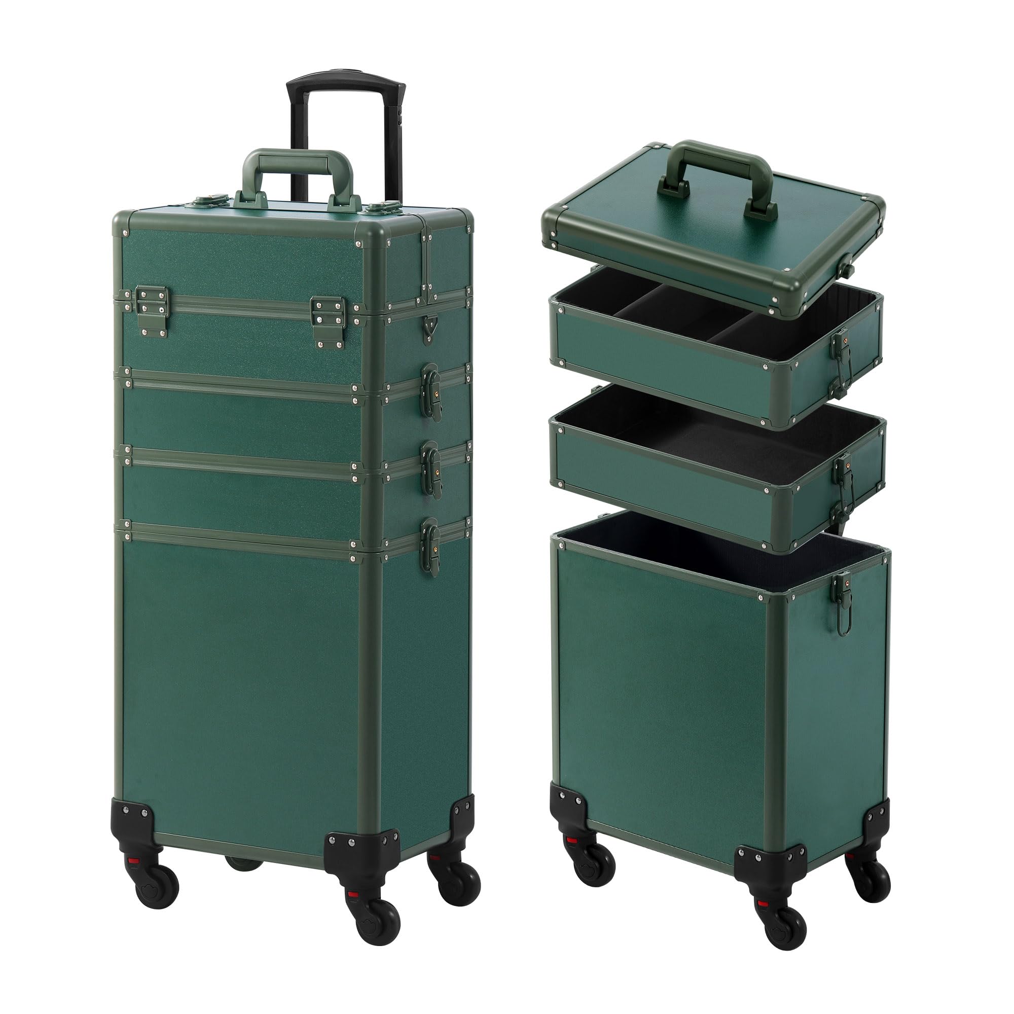 Professional Rolling Makeup Train Case with Lid - 5-in-1 Portable Cosmetology Organizer on Wheels for Salon, Barber & Travel | Large Cosmetic Storage Case | Perfect Christmas Gift for Makeup Artists (Green) | Ideal for Mobile Stylists, Salon Professionals & Beauty Enthusiasts