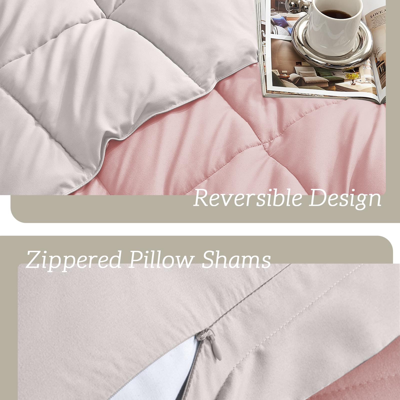 Homelike Moment King Size Comforter Set - Lightweight Reversible Down Alternative Bedding in Pink & Grey | 3-Piece All Season King Bed Set with 2 Shams | Perfect for Master Bedrooms, Guest Rooms & Cozy Home Decor