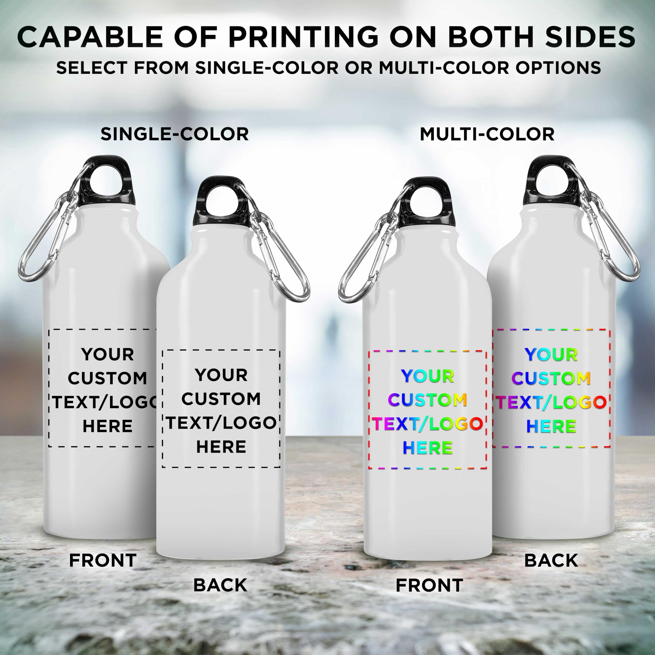 Custom 20oz Aluminum Water Bottles Bulk Pack (Set of 50) - Personalized Gym & Hiking Bottles - Eco-Friendly Reusable Drinkware for Sports, Office, Camping & Outdoor Activities - White