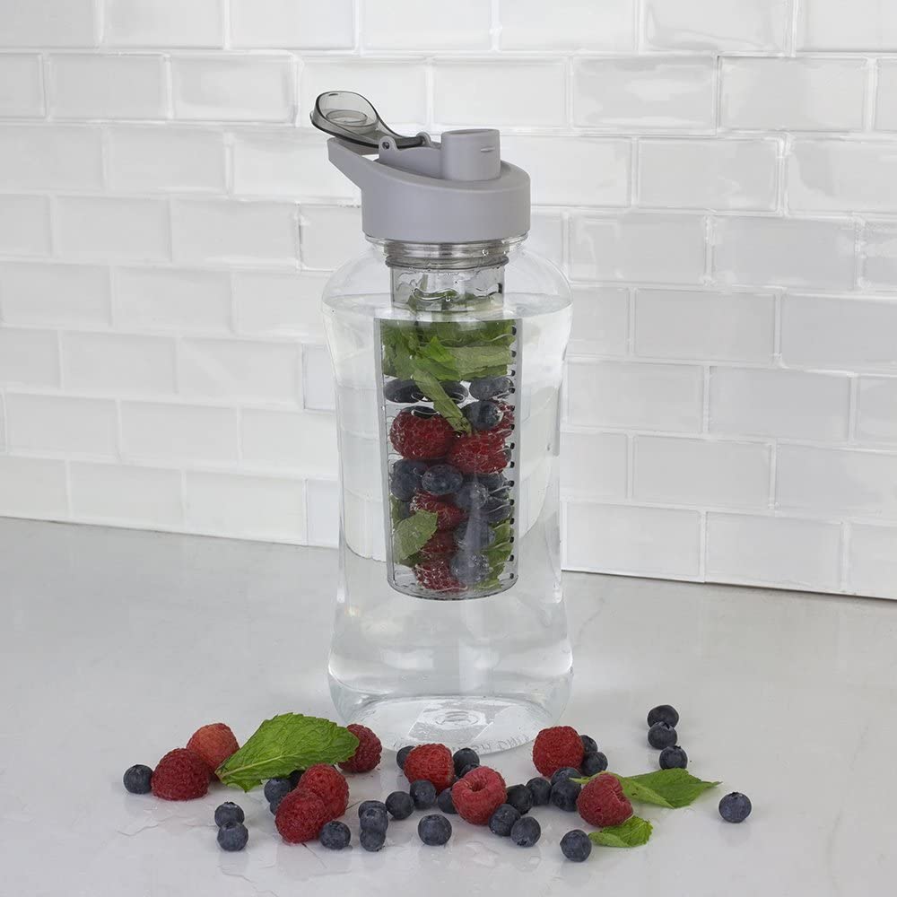 Home Basics 60 oz. Plastic Infuser Water Bottle - Grey Travel Mug with Leak-Proof Lid - Perfect for Gym, Hiking & Office Use