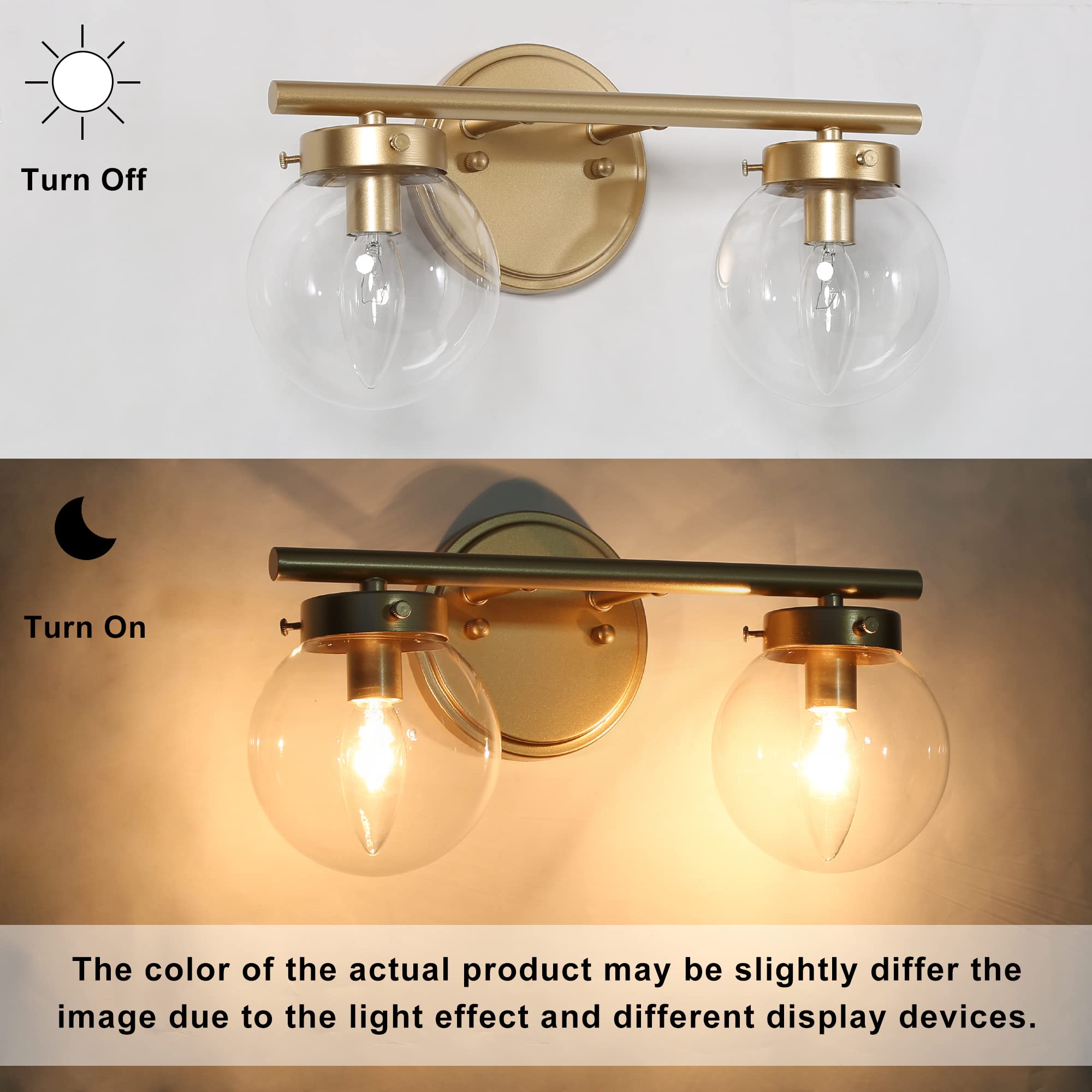 KSANA Modern Gold Bathroom Vanity Lights - 2-Light Wall Sconce with Clear Globe Glass, 14