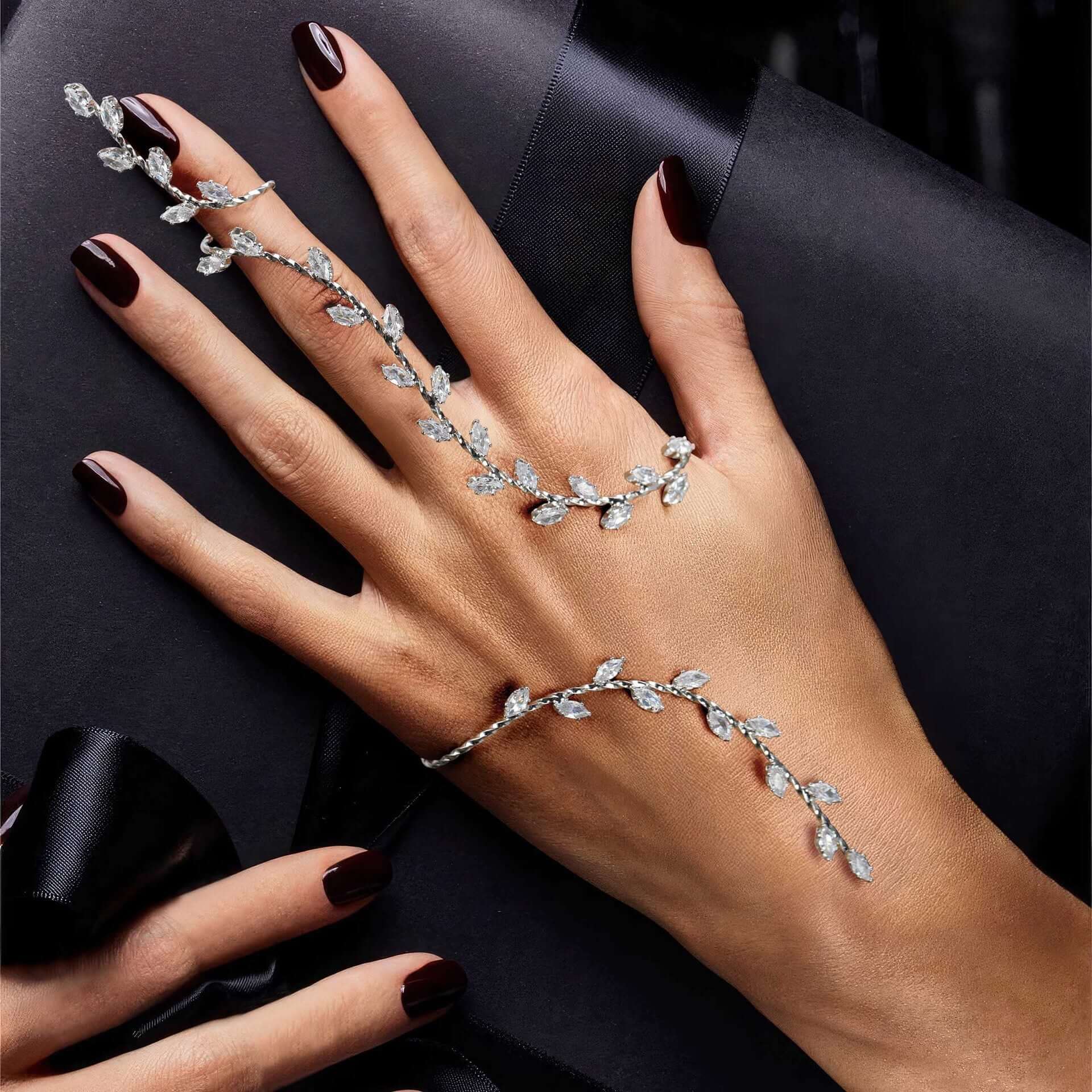 Olive Branch Leaf Bridal Hand Cuff Bracelet - Elegant Wedding Jewelry for Brides, Bridesmaids & Boho Weddings | WJ806 | Perfect for Beach, Garden & Outdoor Ceremonies