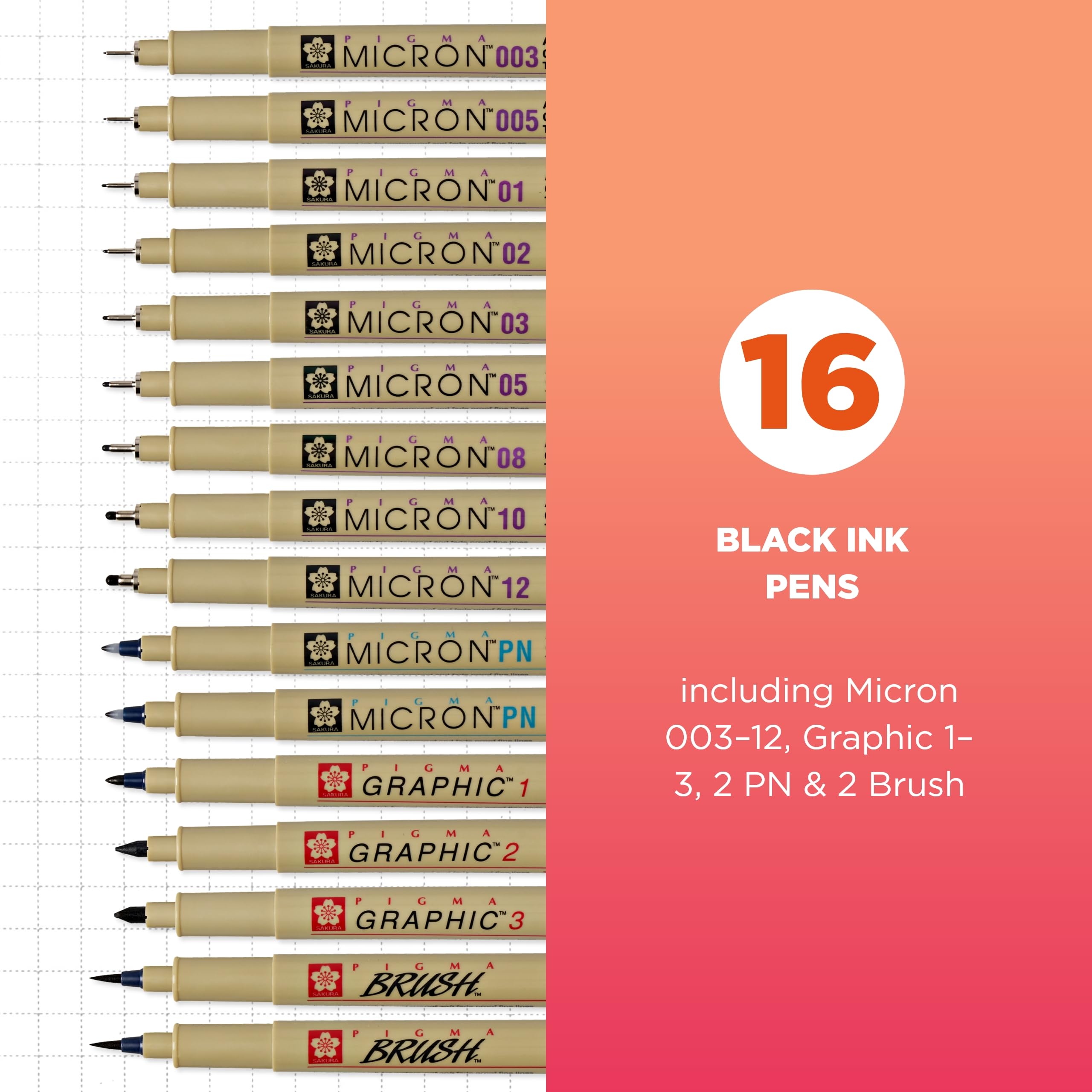 SAKURA Pigma Micron Fineliner Pens Set - 16 Pack Archival Black Ink Pens for Artists, Sketching, Bullet Journaling & Calligraphy - Assorted Fine Point Sizes (005,01,02,03,04,05,08) - Perfect for Drawing, Writing, Note Taking & Art Projects