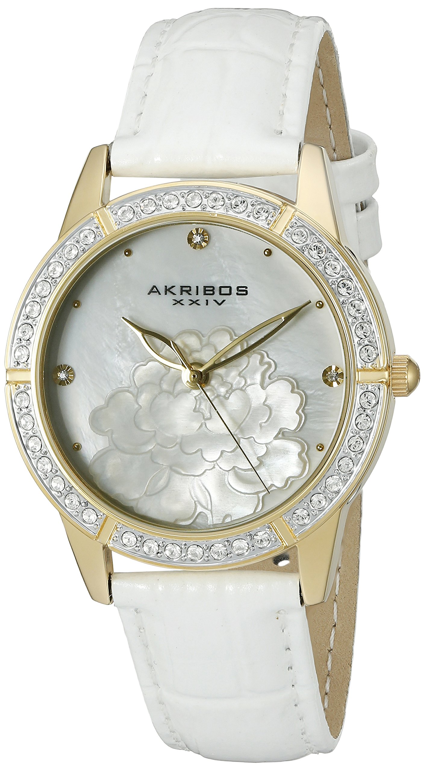 Akribos XXIV Women's Swarovski Crystal Watch - Mother of Pearl Dial with Floral Design, 3 Crystal Hour Markers, Genuine Leather Strap (AK805) - Elegant Gift for Mother's Day, Anniversary & Special Occasions