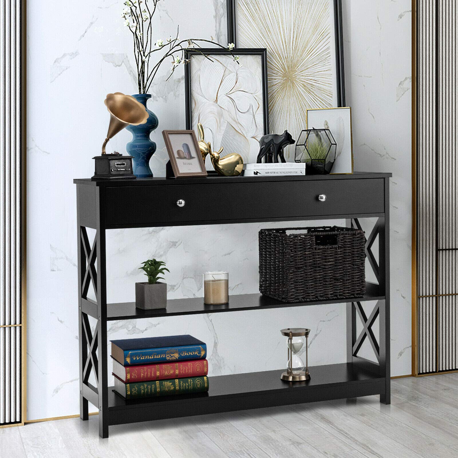 Modern Style Console Table with Storage Drawers & Shelves - Sturdy Durable Sofa Accent Desk for Living Room, Hallway, Entryway - Perfect for Home Decor & Organization (Black)