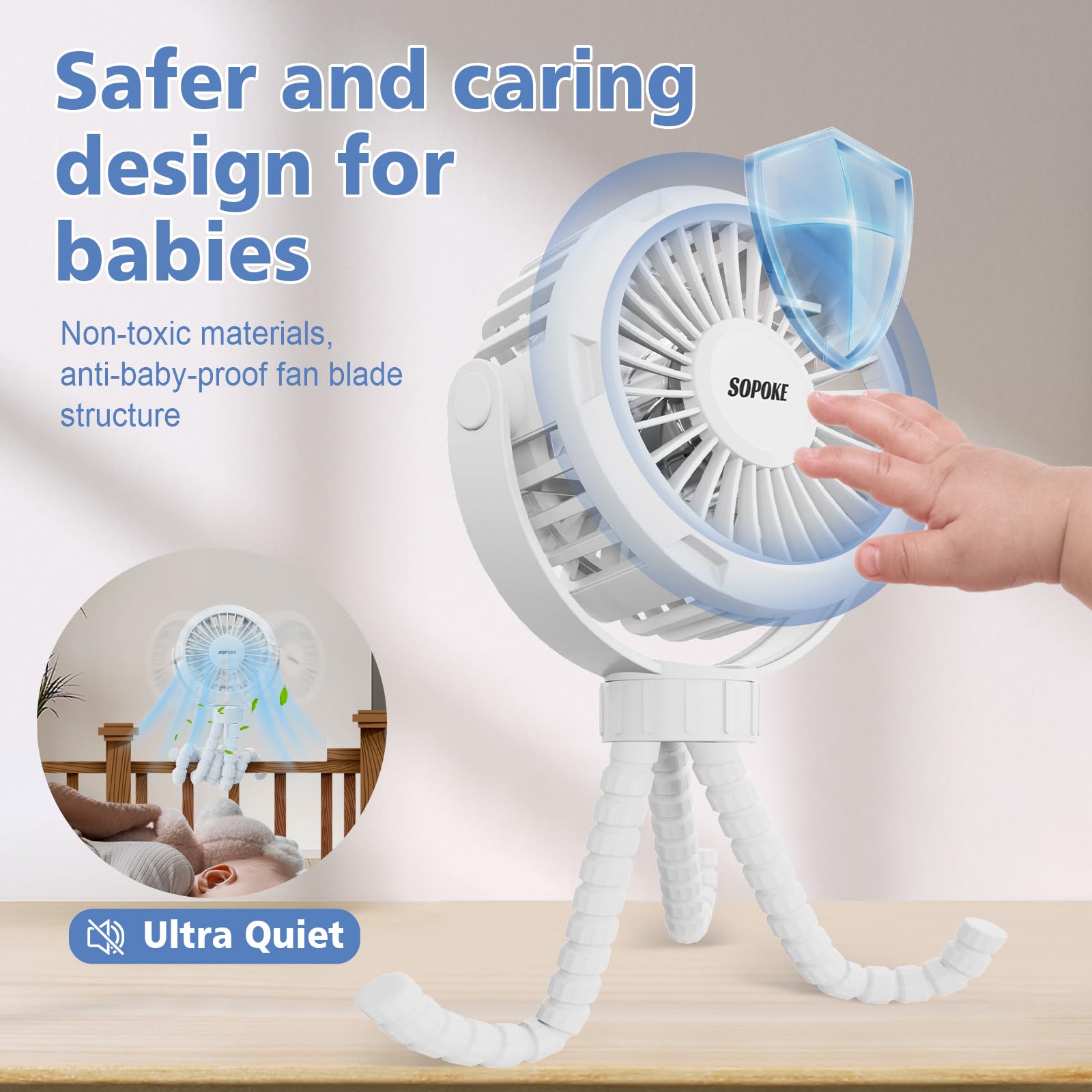 SOPOKE Mini Portable Baby Stroller Fan - 3 Speed Rechargeable Handheld Fan with 360° Flexible Tripod, Battery Operated Cooling Fan for Car Seat, Crib, Treadmill, Golf Cart & Travel (White) | Perfect for Outdoor Activities, Nursery, Sports & On-the-Go Use