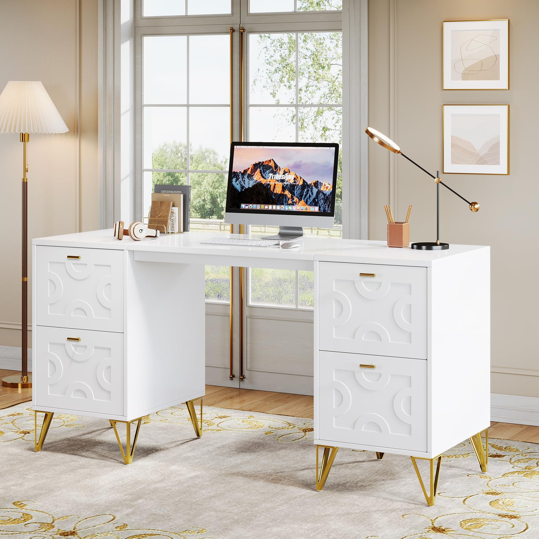 Tribesigns 59-Inch White Executive Office Desk with 4 File Drawers - Modern Writing Desk with Gold Metal Legs, Spacious Home Office Computer Desk for Work & Study - Perfect for Small Spaces & Remote Work