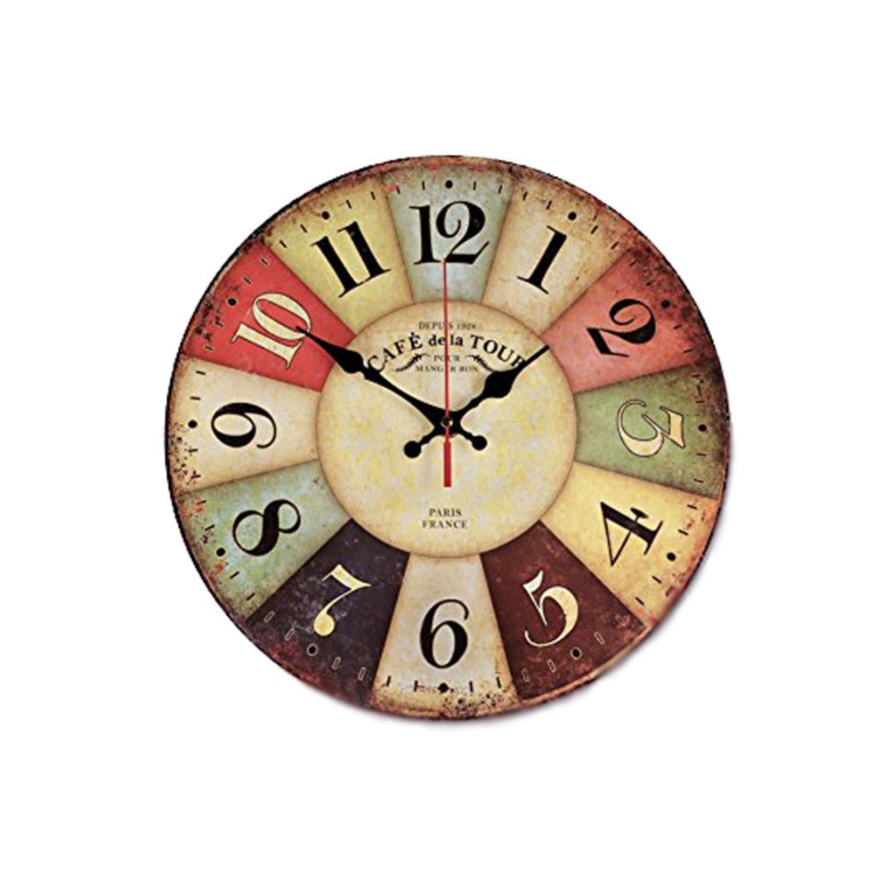 Vintage Round Parisian Wood Wall Clock - Colorful French Country Tuscan Style Decor for Living Room, Bedroom & Office
